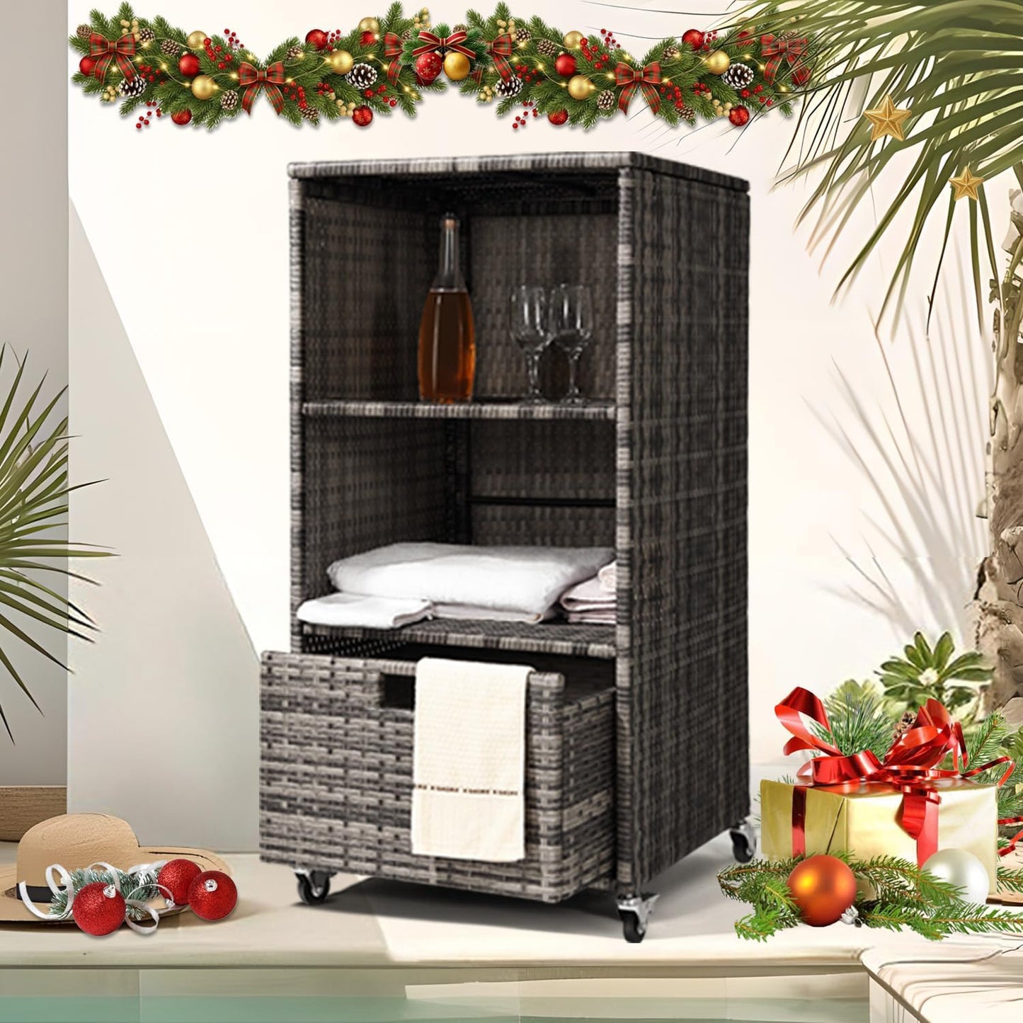Outdoor Towel Rack for Pool Outdoor Pool Towel Storage Cabinet with Shelf & Drawer Pool Towel Holder with Rolling Wheels Hot Tub Towel Rack w/Waterproof Cover Poolside Towel Valet Caddy for Spa Grey