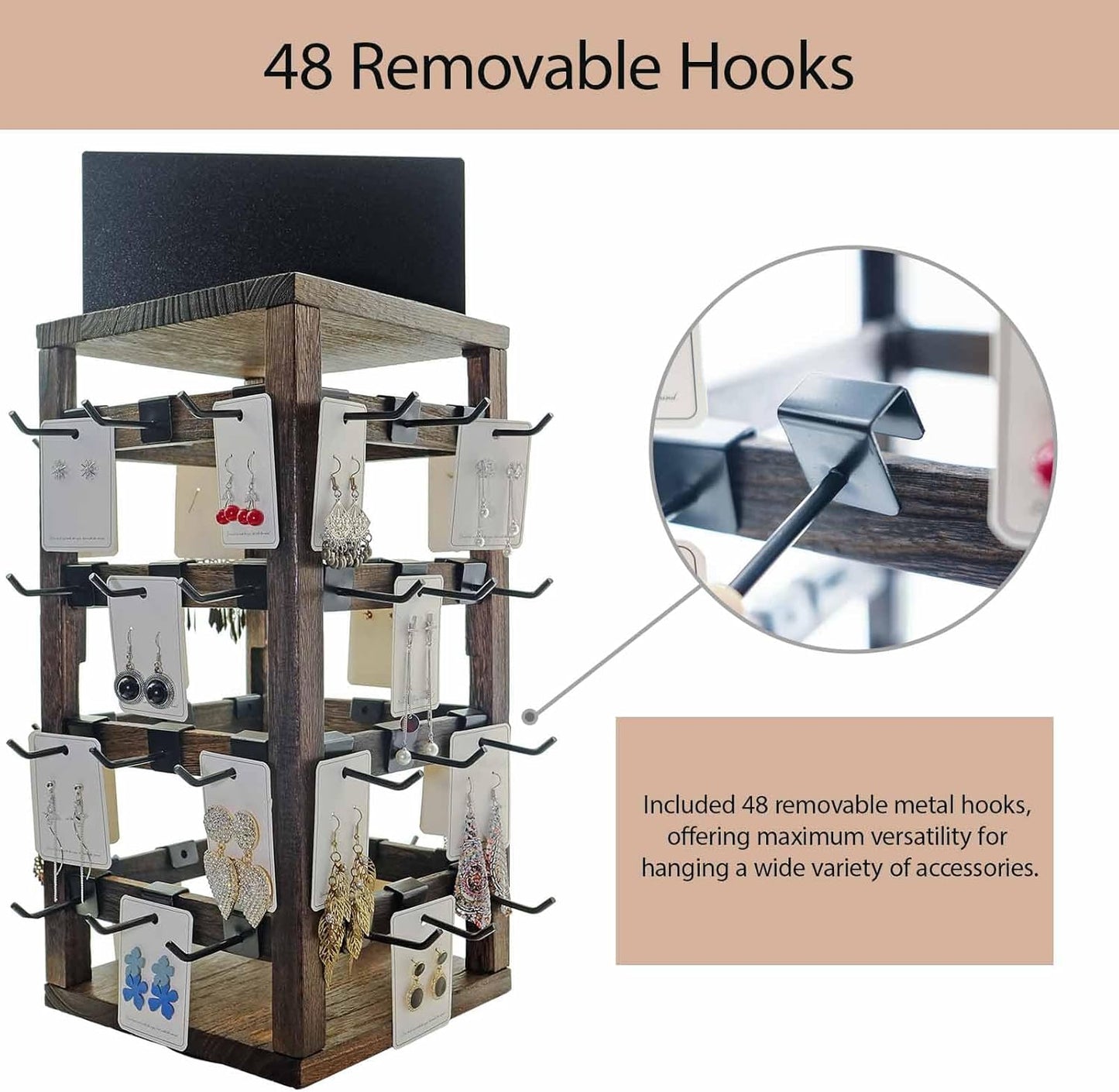 Wooden rotating Jewelry Display Stand with Removable 48 Hooks advertising board, For Earring Cards necklace bracelet Keychain Jewelry Organizer For Selling For vendor events (Dark brown)