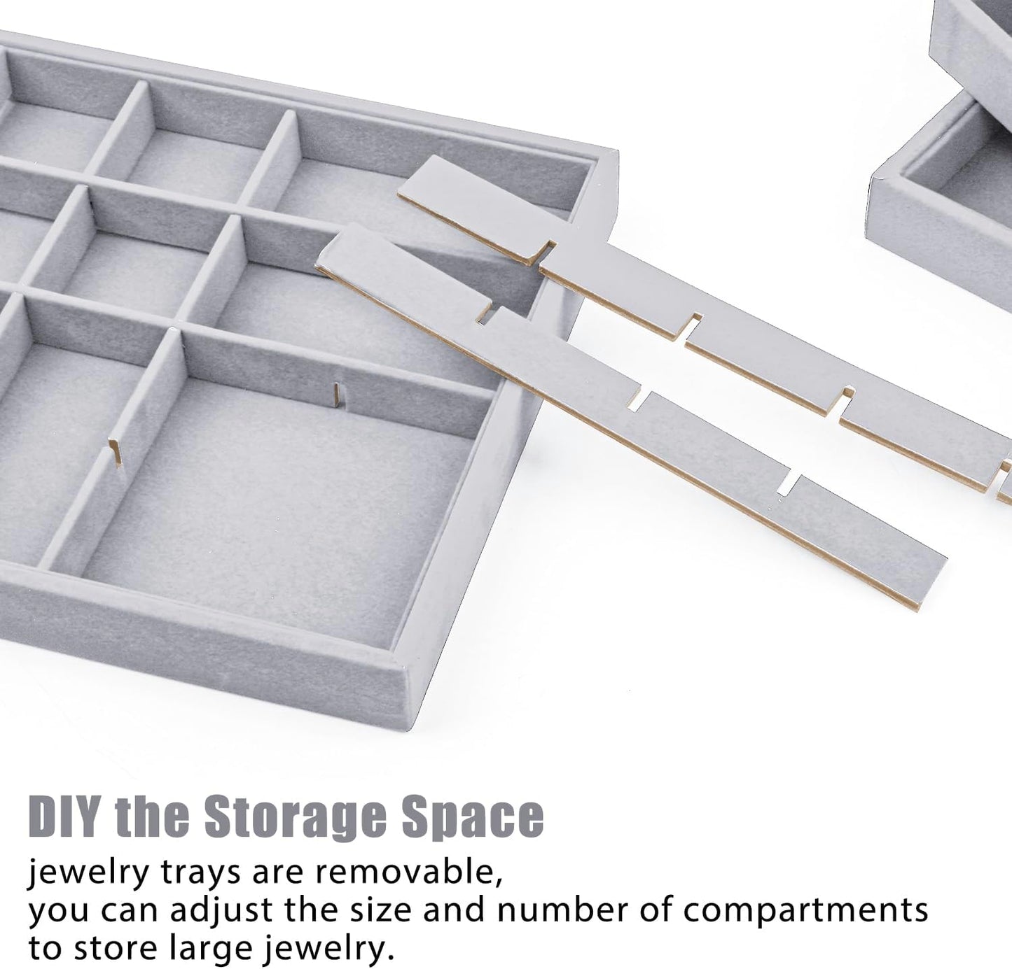 Lainrrew Jewelry Tray, 4 Pack Jewelry Organizer Velvet Jewelry Tray Stackable Jewelry Trays, Necklace & Earring Holder, Divided Bracelet & Ring Storage, 13.8"x9.5"x1.2" - Elegant Display Case (Gray)