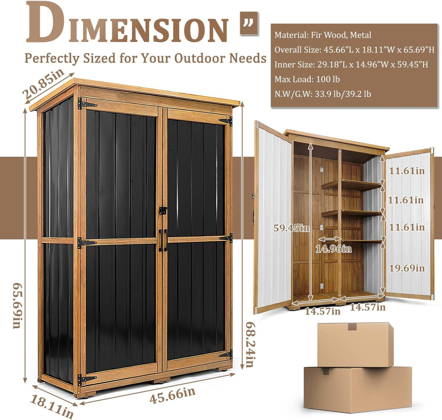 46" L Large Outdoor Storage Cabinet with Shelves, Wood & Metal Storage Shed Weather-Resistant, Outside Storage Cabinet for Garage Patio Backyard Garden with Waterproof Roof