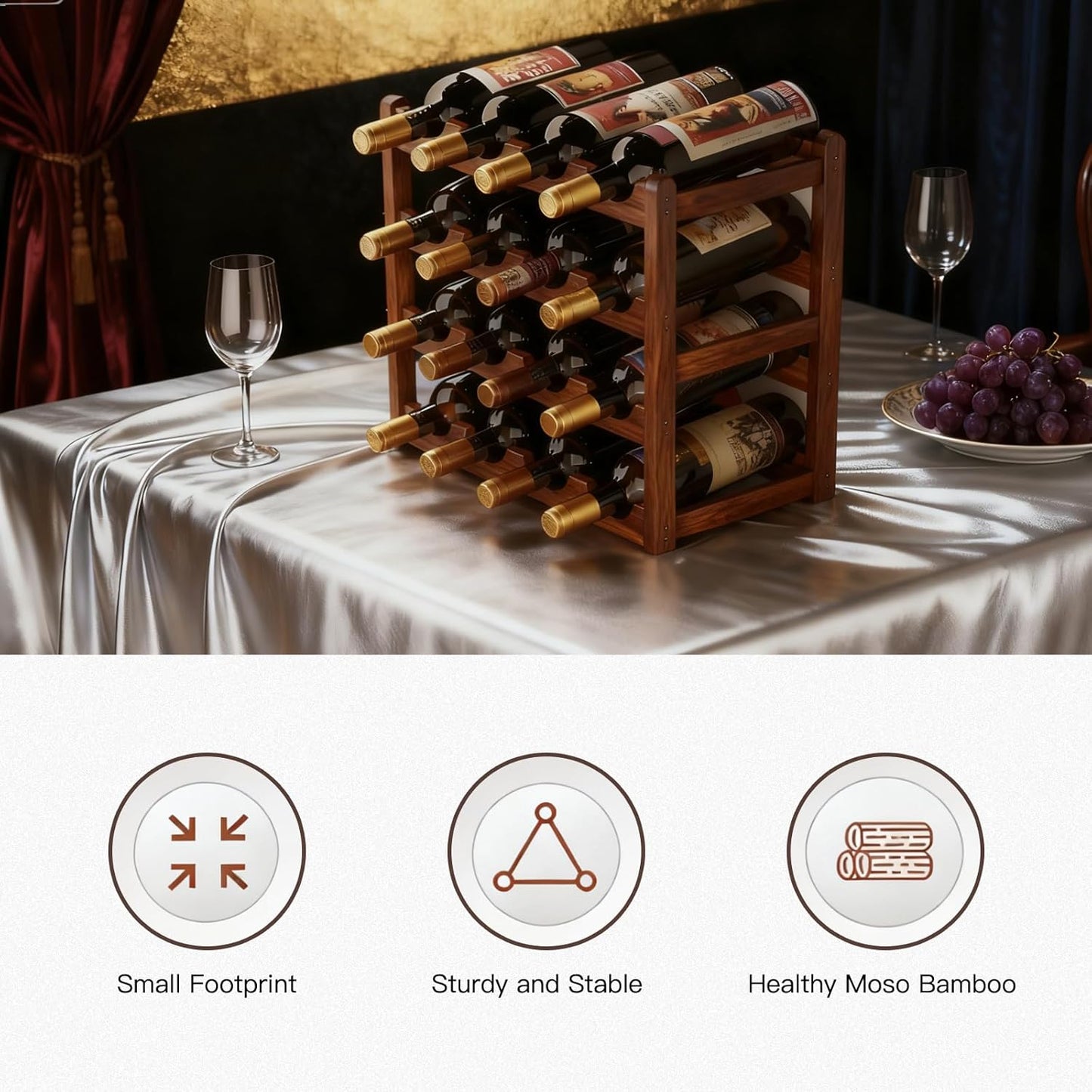 Wine Rack Freestanding Floor, Bamboo Wine Racks Cabinet Shelf 4-Tier 16 Bottles Freestanding Wine Bottle Holder, Retro Minimalist Home Decor Wine Display Rack for Cabinet Countertop