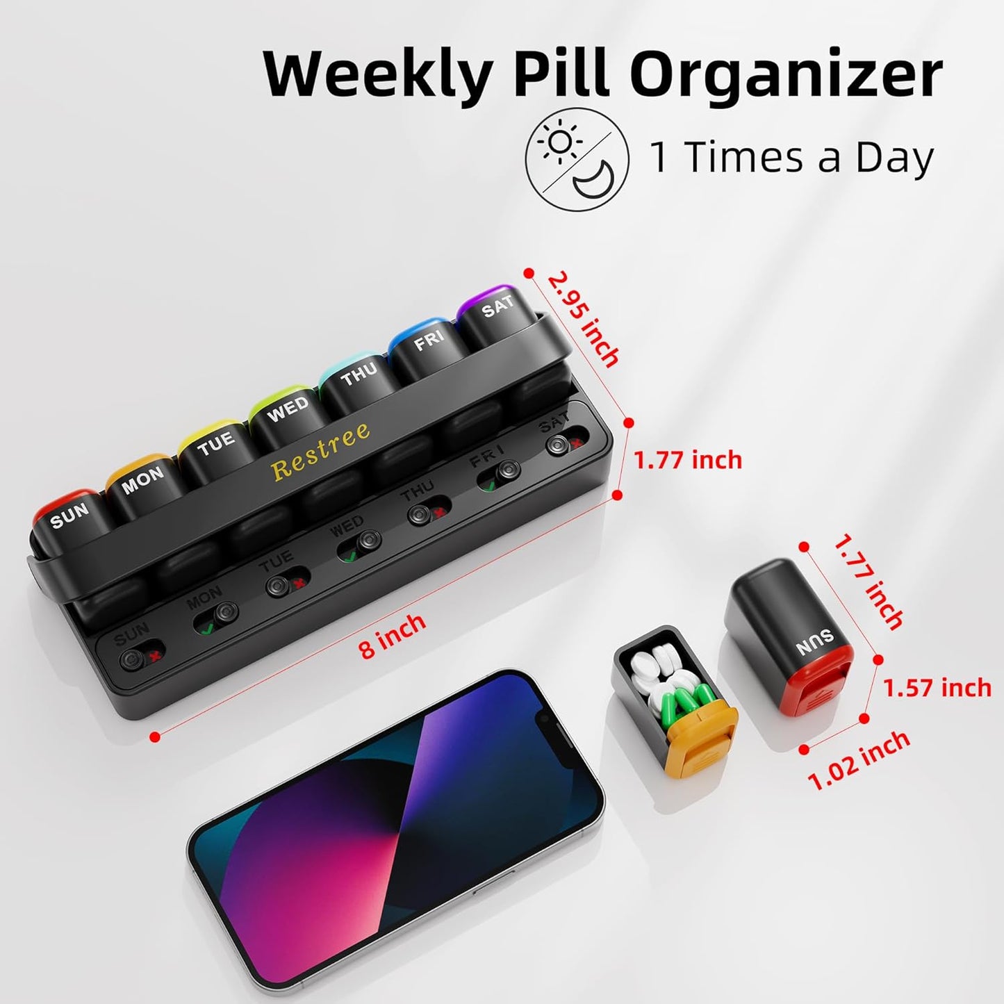 Restree Weekly Pill Organizer 7 Day one time a Day with Reminder, Detachable Travel Pill Case, Large Capacity Medicine Organizer for Vitamins, Supplements & Daily Medications (Black)