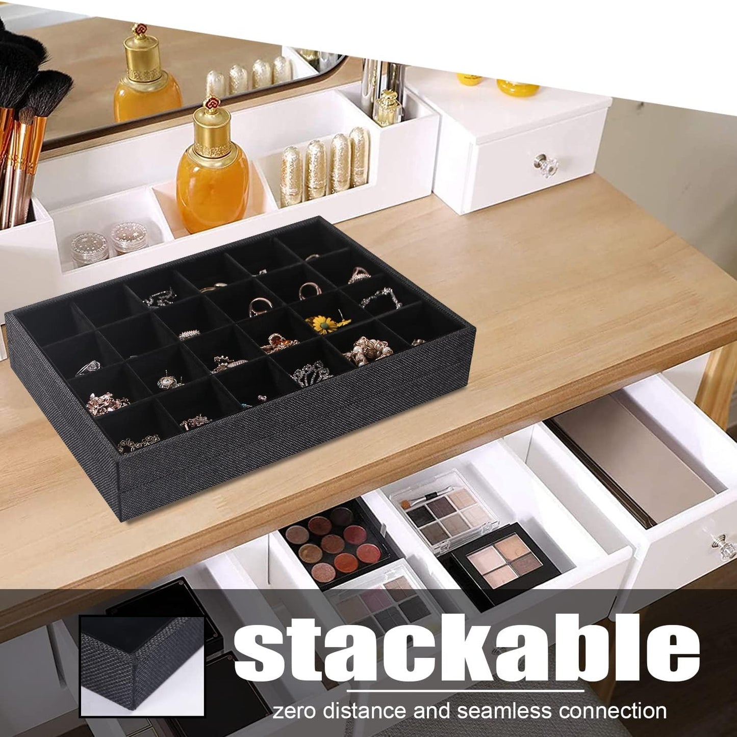 Julysky 2 Pack 24 Grids Jewelry Organizer Trays Ring Earring Display Stand for Selling, Black Velvet Necklace Holder Box Bracelet Case