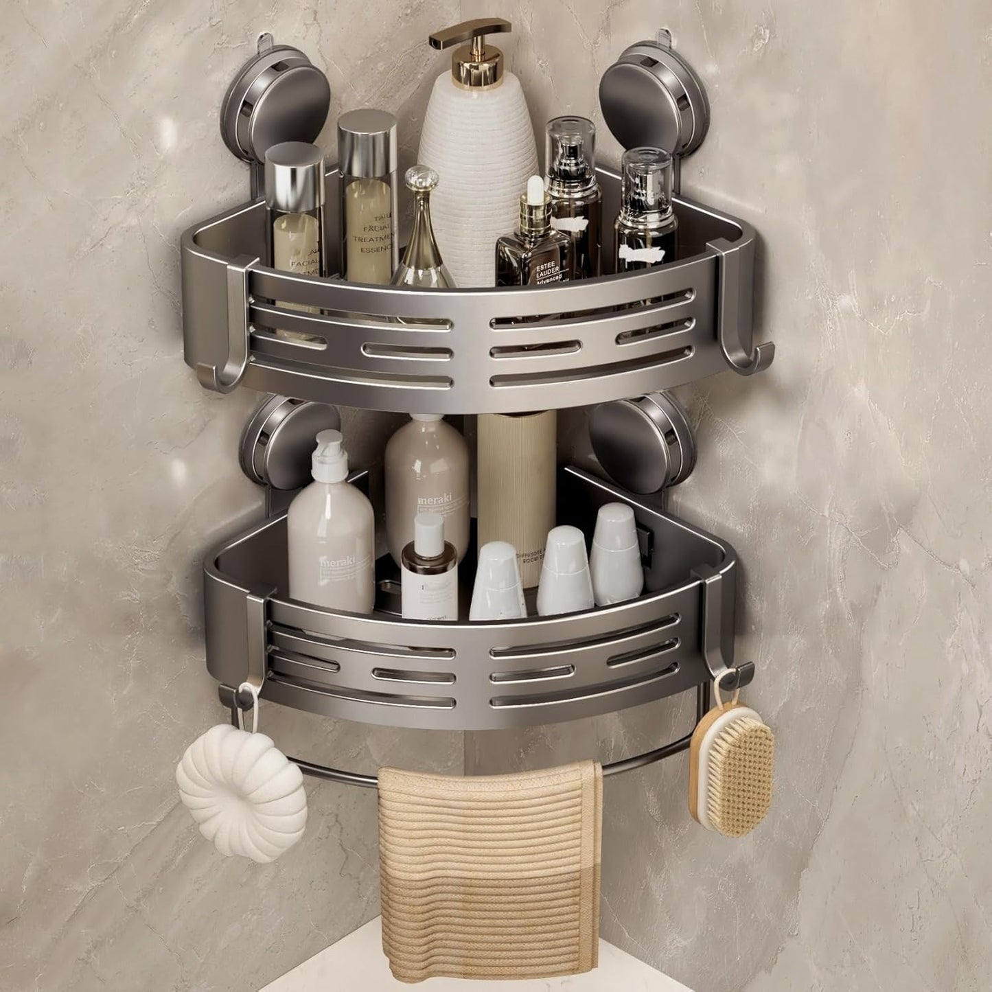 VOLPONE Corner Shower Caddy Suction Cup Shower Shelf Corner No Drilling Bathroom Shower Organizer Storage Rack Adhesive with Towel Bar Hooks (2-Pack, Matte Gray)
