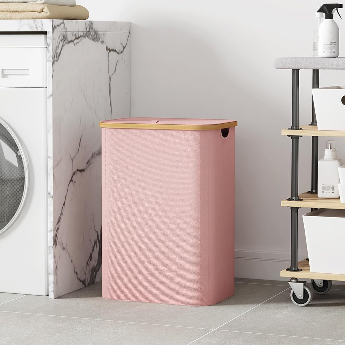 Lifewit 80L Laundry Basket with Lid, Clothes Hampers for Laundry with Bamboo Handles and A Removable Bag, Large Foldable Laundry Hamper for Bedroom, Bathroom, Dorm, Laundry Room, Pink