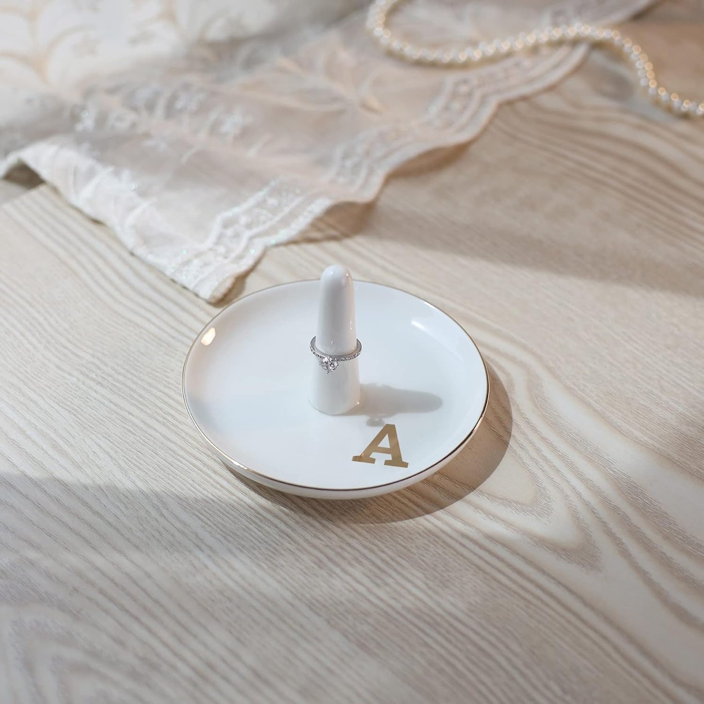 HOME SMILE Initials Ring Holder Jewery Tray with personalized A-Monogrammed Engagement Gifts for Friends,Birthday Mother's Day Christmas Gifts for Women,Ceramic White