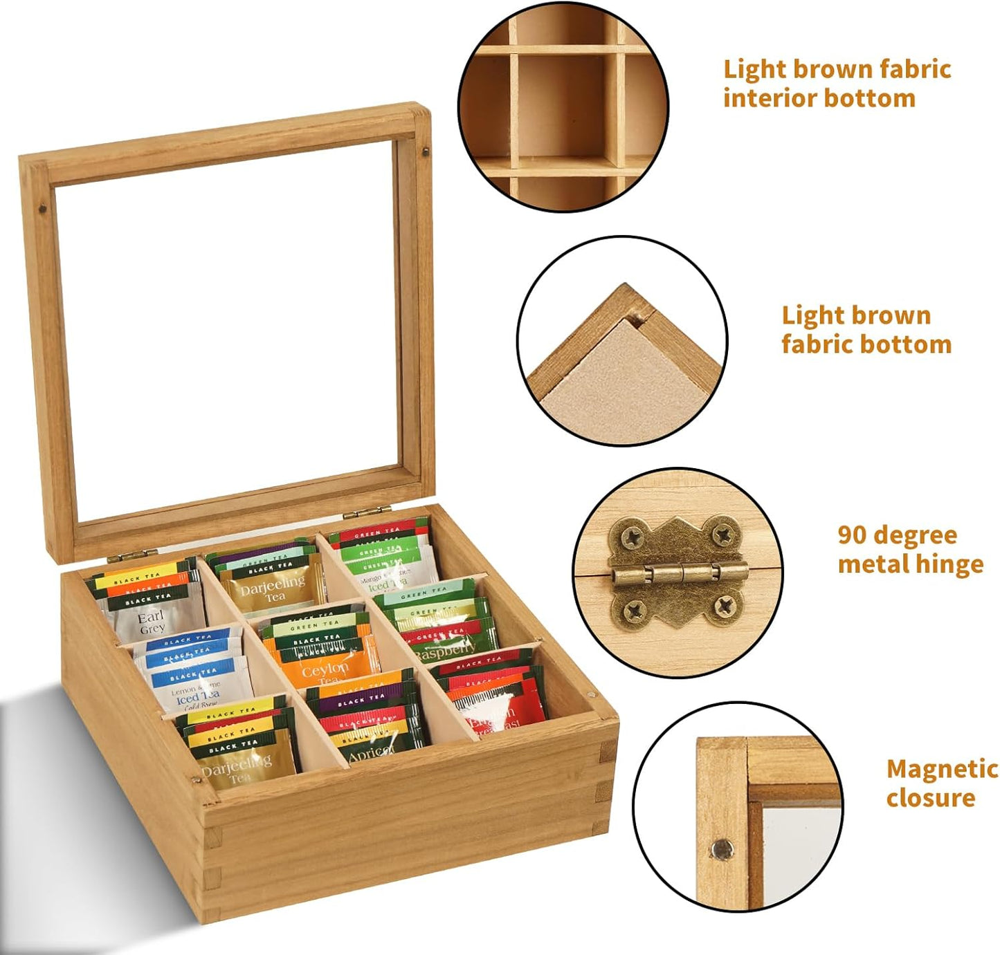 Wood Tea Bag Organizer, 9 Compartment Multi-Functional Tea Box and Storage Organizer for Tea Bags with Clear Acrylic Window
