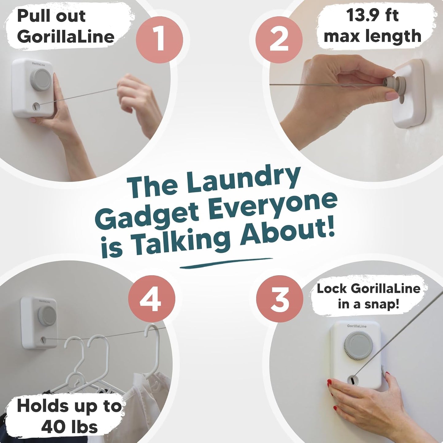 GorillaLine Max - Retractable Clothesline Indoor Outdoor Clothes Line - Heavy Duty Clothes Drying Laundry Line - Wall Mounted Drying Rack - Air Dry Clothing - Max Tighten with GorillaGrip