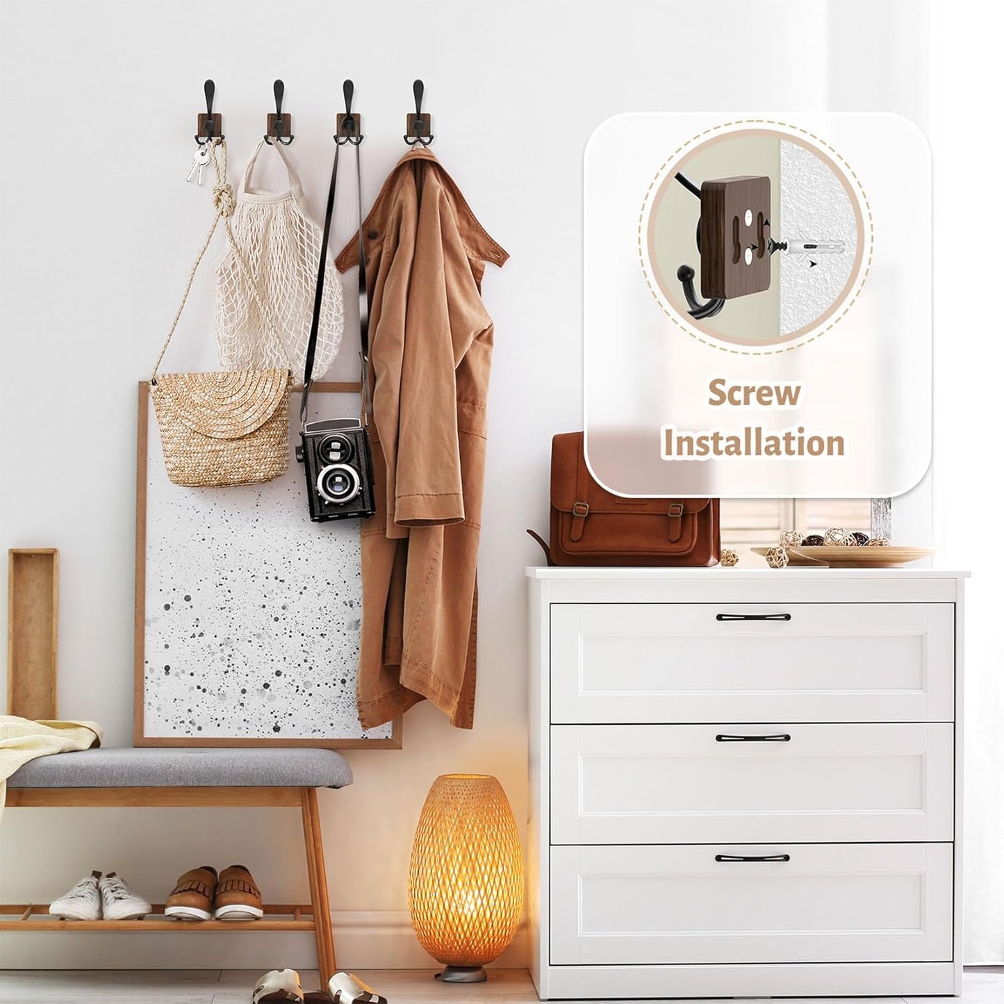 VIS'V Wooden 3 Prong Coat Hooks, Wall Mount, Heavy Duty, Brown, 4 Pcs