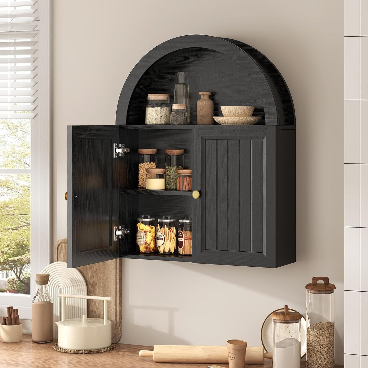 Arched Bathroom Wall Cabinet, 23.6 x 30.3'' Over The Toilet Cabinet with Grille Door, Adjustable Shelf, Wall Mounted Cabinets for Bathroom Laundry Room Kitchen (Grille Door, 30IN)