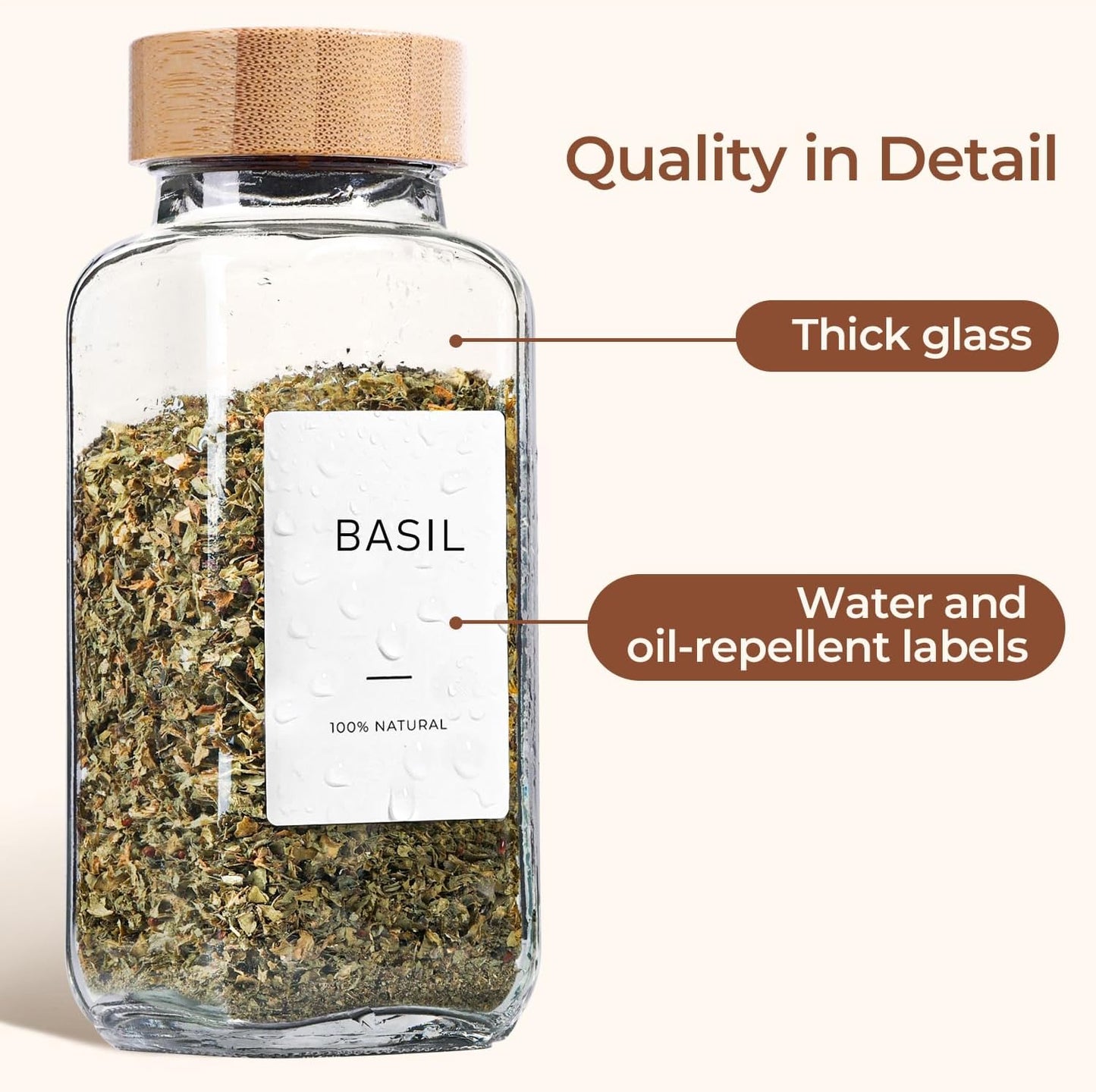 ComSaf 8 oz 6Pcs Glass Spice Jars with Label, Empty Spice Containers with Bamboo Lids, Square Seasoning Containers Trial and Supplement Set, Small Seasoning Bottles for Salt, Herbs, Sugar, Pepper