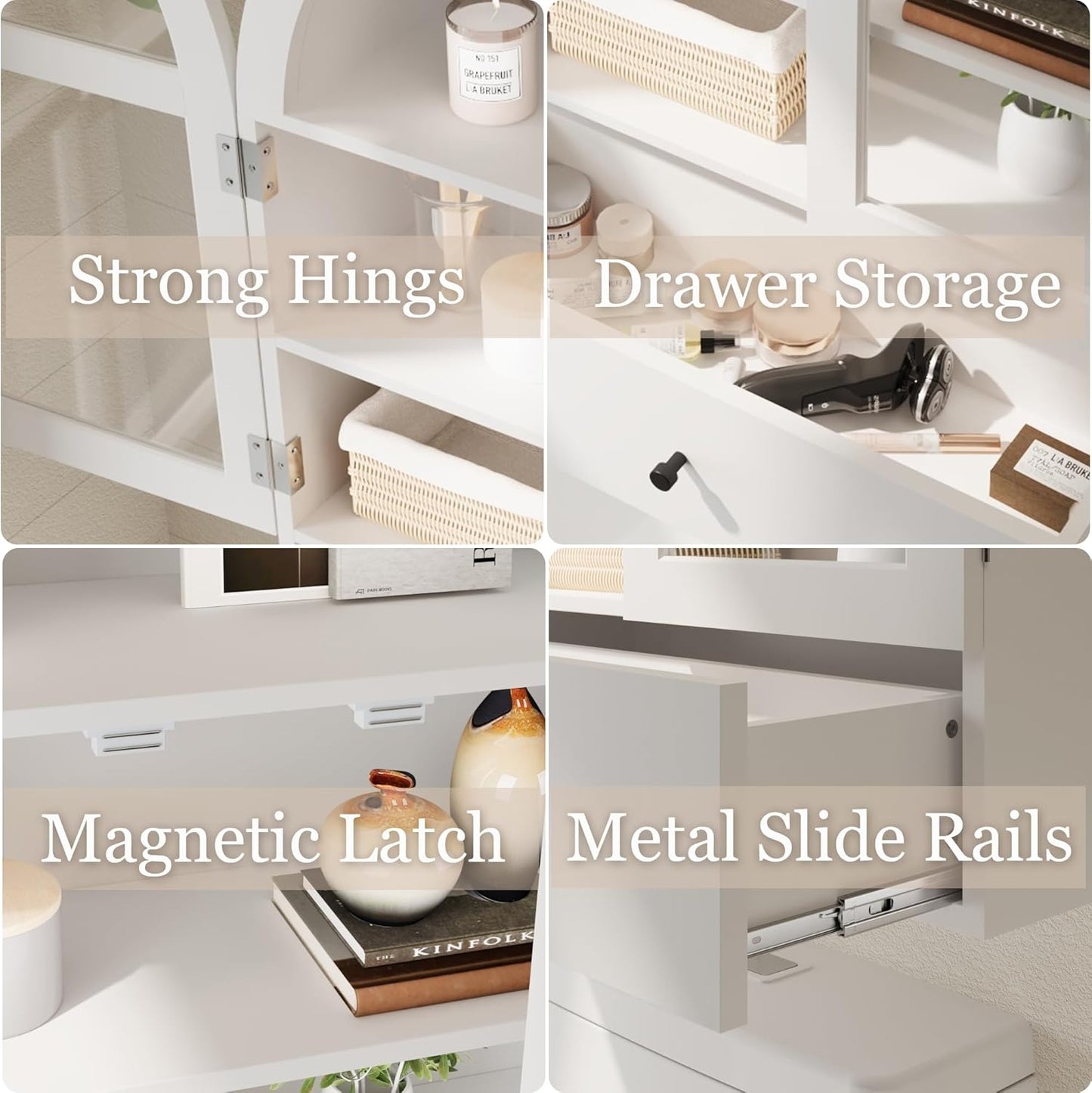 BLANKSPACE Bathroom Curved Wall Cabinet with Drawer, Over The Toilet Organizer for Bathroom White Storage Cabinet with Glass Door and Soft Closing