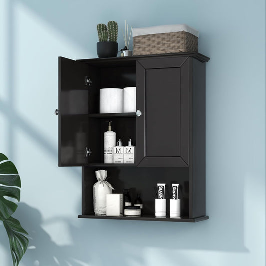 Black Wall Cabinet 24x30 Inch Wooden Over The Toilet Storage Cabinets with 2 Doors, Above Toilet Storage Medicine Cabinets for Bathroom Laundry Room Bedroom Kitchen
