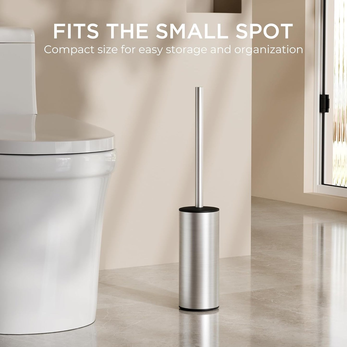 FORIOUS Toilet Brush and Holder Set Brushed Nickel, Heavy Duty 304 Stainless Steel Base and Long Handle Toilet Bowl Cleaners Brush, for Bathroom Storage and Organization, 2 Brush Head