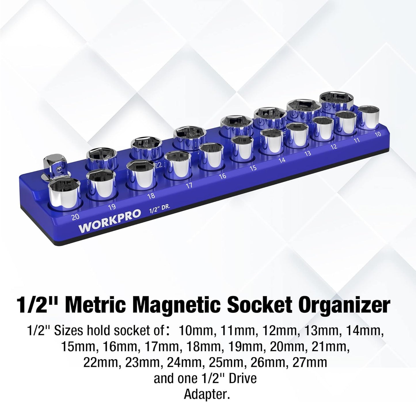 WORKPRO Magnetic Socket Organizer, 1/2-Inch Metric Socket Holder, Socket Trays Holds 19 Pieces Standard Size and Deep Size Sockets(Sockets not Included)