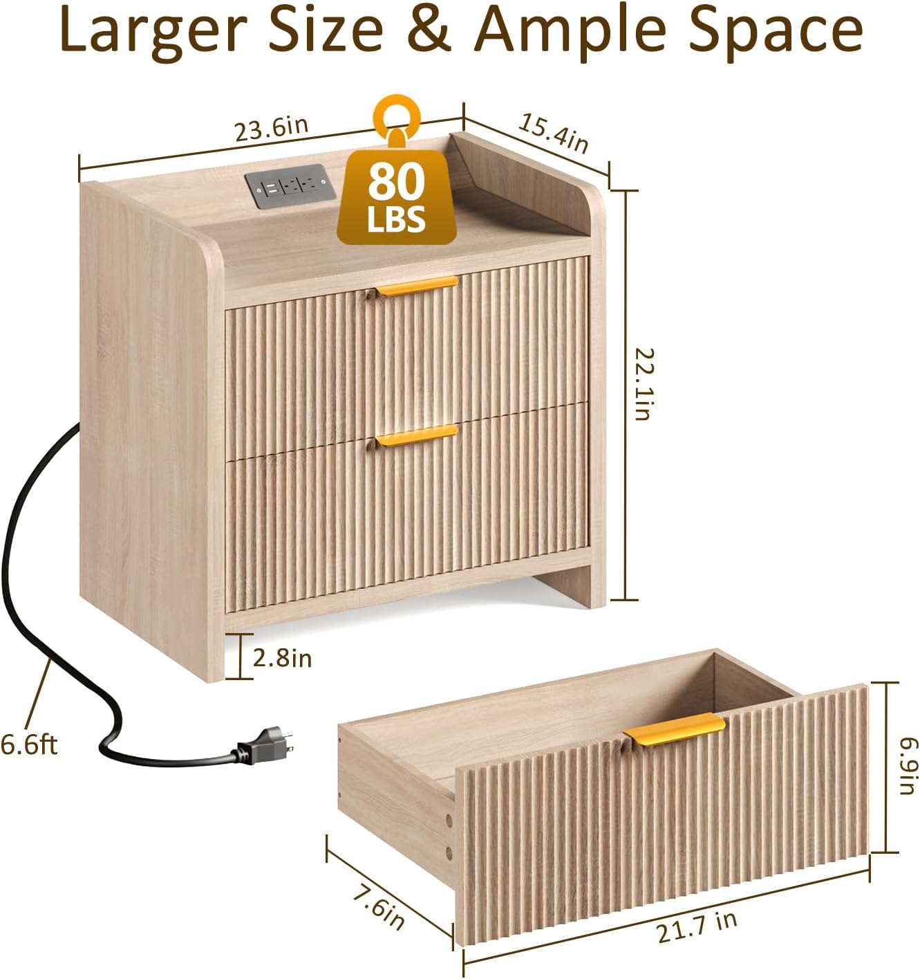 Fluted Nightstand with Charging Station, 23.6" Modern Night Stand with 2 Drawers, Side Table with Storage, Bedside Table for Bedroom, Living Room, Natural Oak
