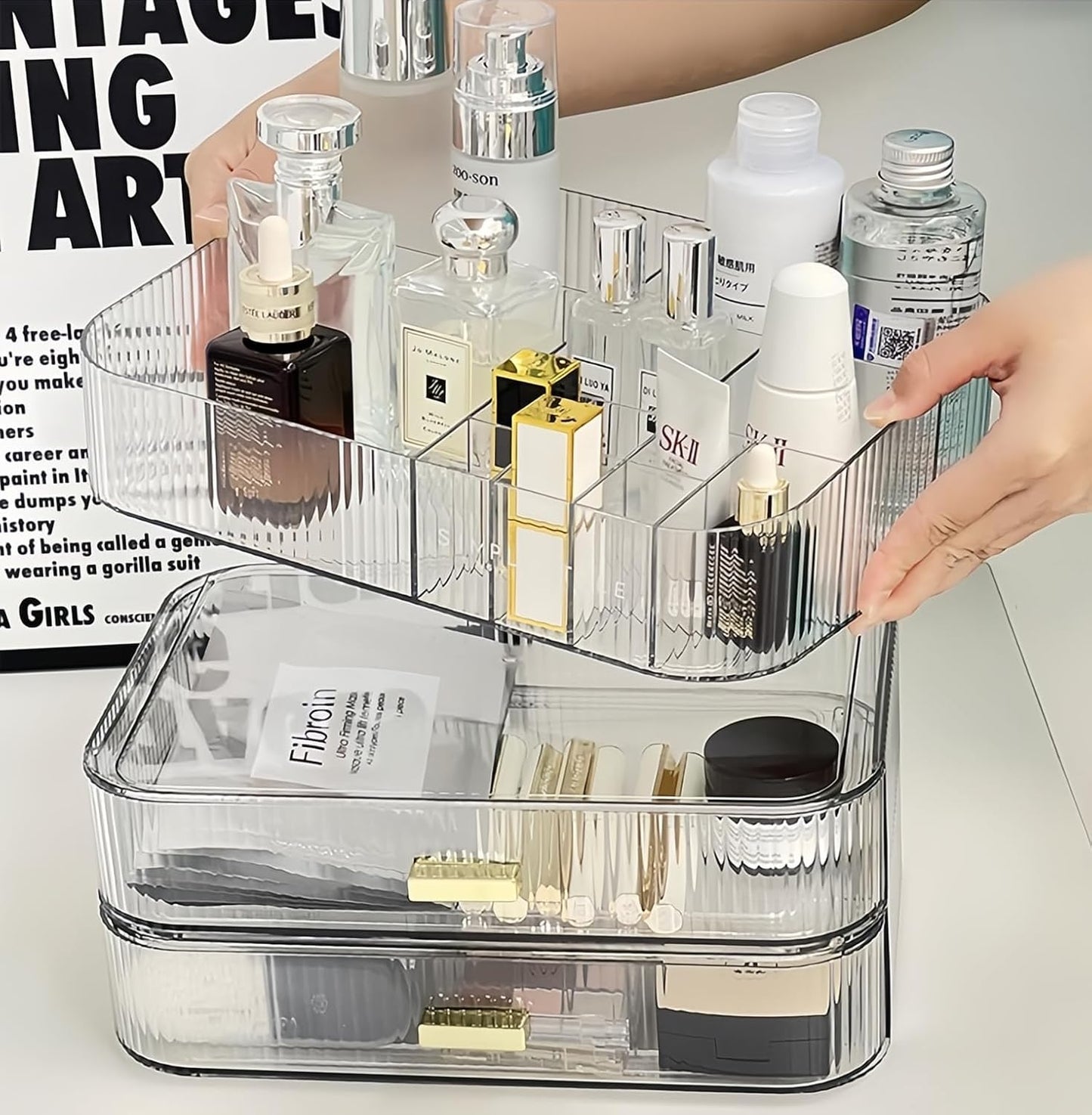 Clear Makeup Organizer for Vanity, Large Desk Organizer with Stackable Drawers for Cosmetics, Skincare, Lipsticks, Eyeshadow Palette, Nail Care, Ideal Storage for Dresser and Bathroom Countertop