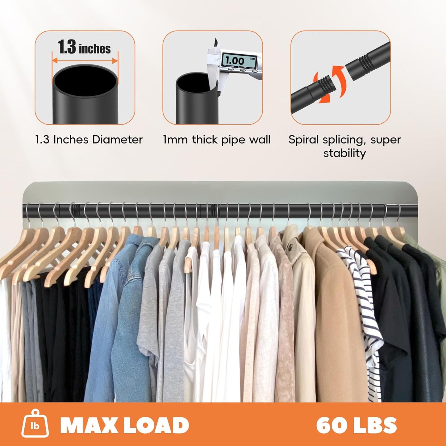Closet Rod 30-51 Inches, Adjustable Heavy Duty Metal Black Closet Rods for Hanging Clothes 1.3 Inches Diameter for Wardrobes Laundry