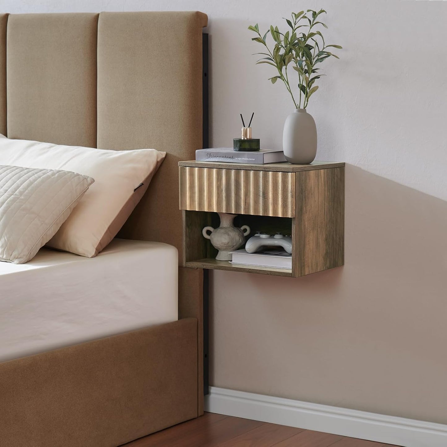 Floating Nightstand with Fluted Drawer - Modern Wall Mounted Bedside Table with Open Storage Shelf, Small Night Stand TV Stand for Bedroom(Rustic Brown)