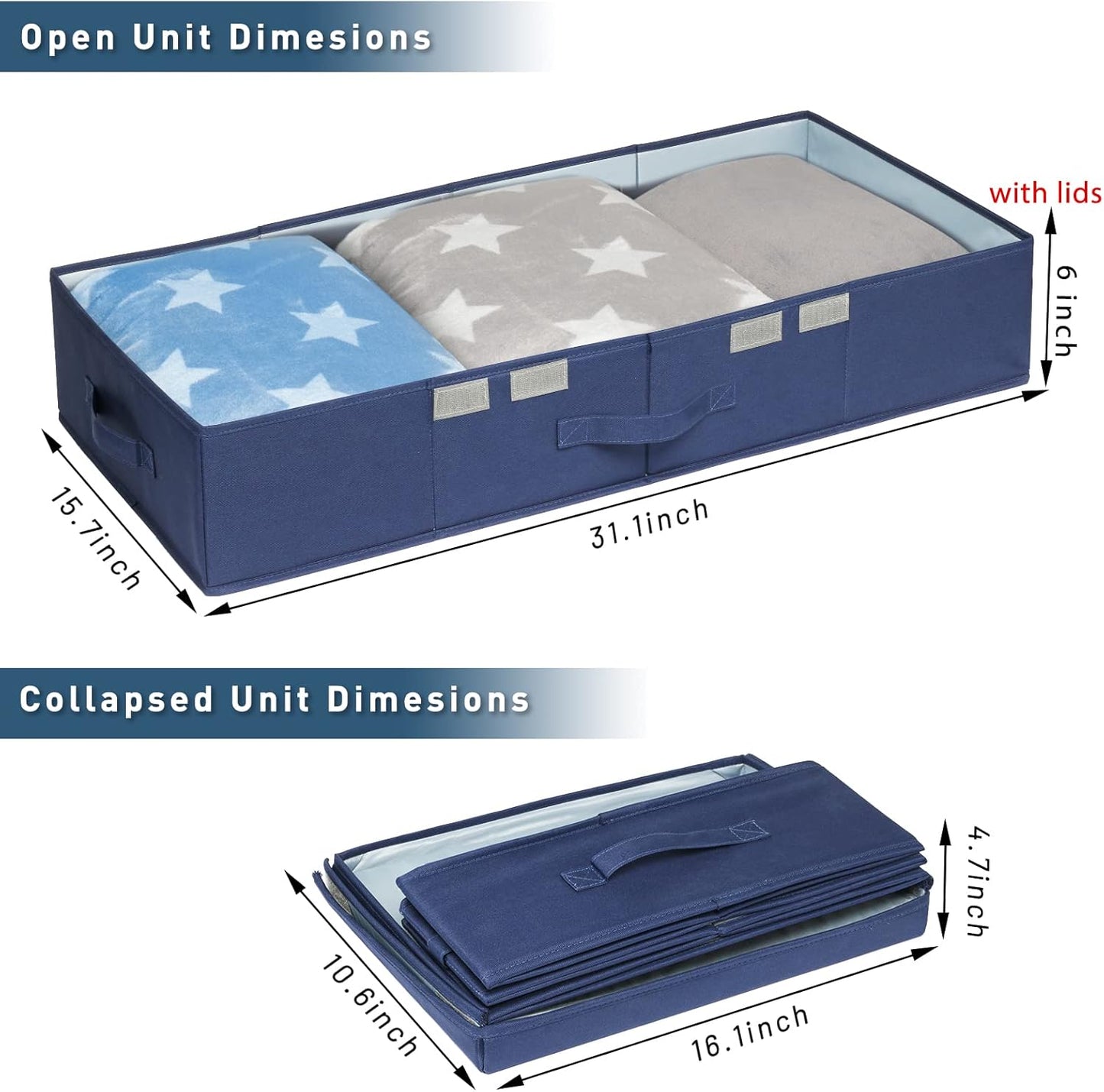punemi Under Bed Storage Containers, 2 Pack Under Bed Organizer With Lids, Long Flat Stackable Clothes Storage Bins Large Underbed Storage, Organization and Storage Closet For Toys Blankets, Navy