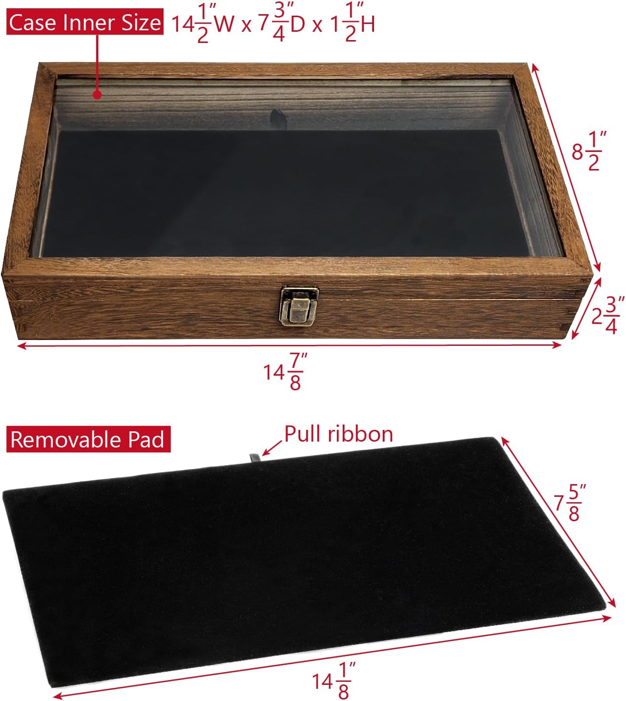 MOOCA Glass Top Wooden Jewelry Display Case with Removable Black Luxurious Velvet Jewelry Display Pad, Deeper 2.75-Inch Design for Taller Collectibles, Brown Color