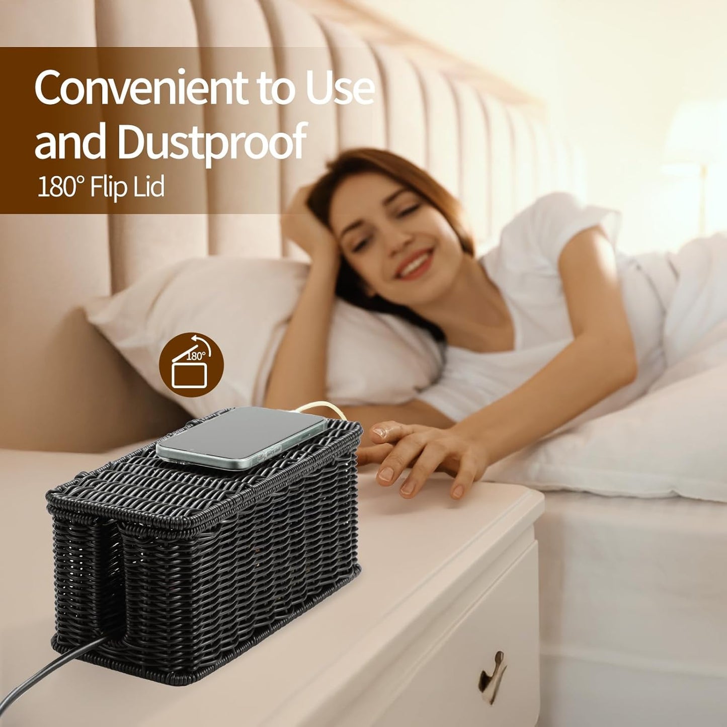 Delamu Handmade Rattan Small Cable Management Box, Cord Organizer with 2 Open Slots, Desk Cord Hider Box for Computer Router USB Hub Power Strip, 12.5" Lx 5.1" Wx 5.1" H, Black