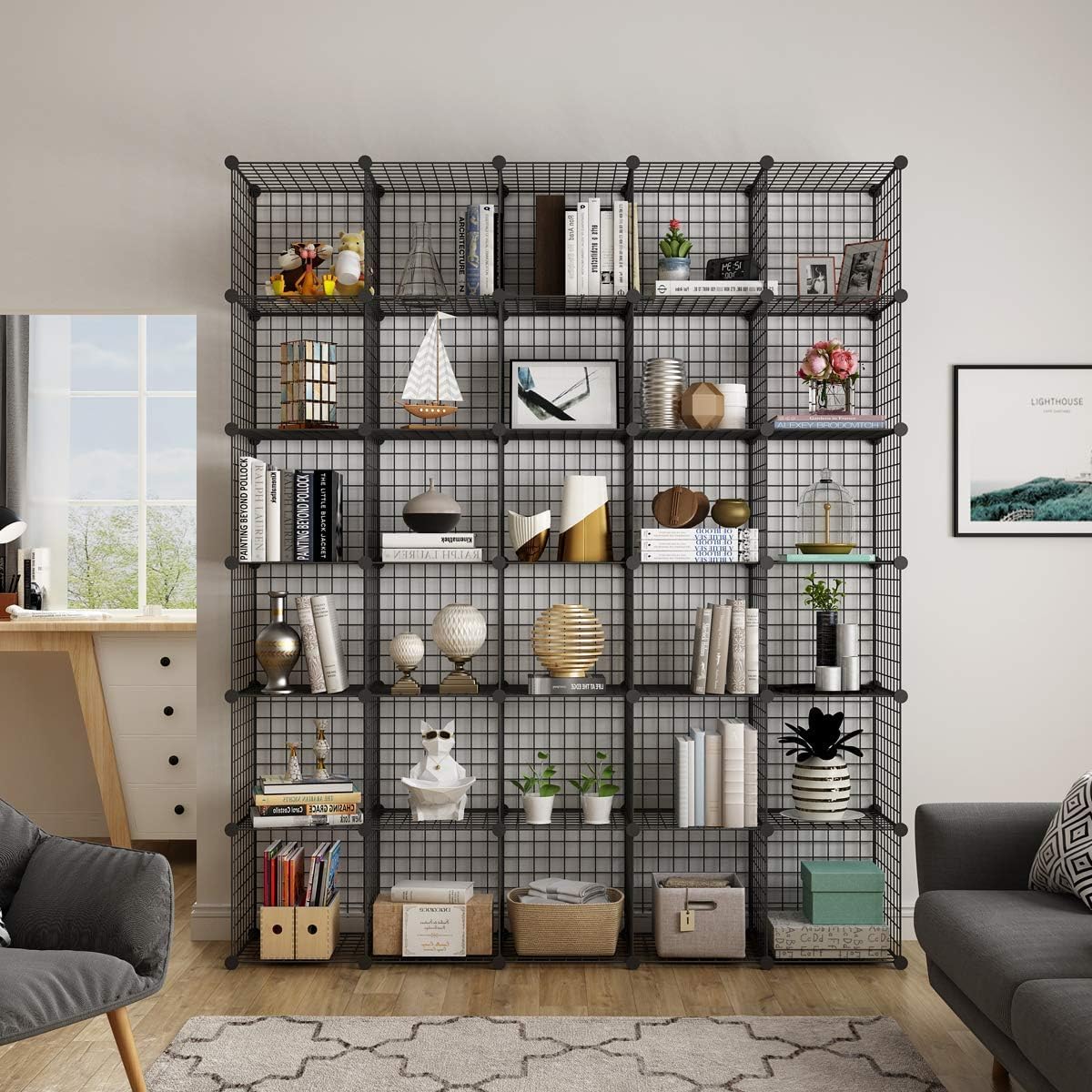 Metal Grid 14"x14" Wire Cube Storage - 30 - Cube Modular Shelving Unit, Stackable Bookcase for Office, Bedroom & Living Room