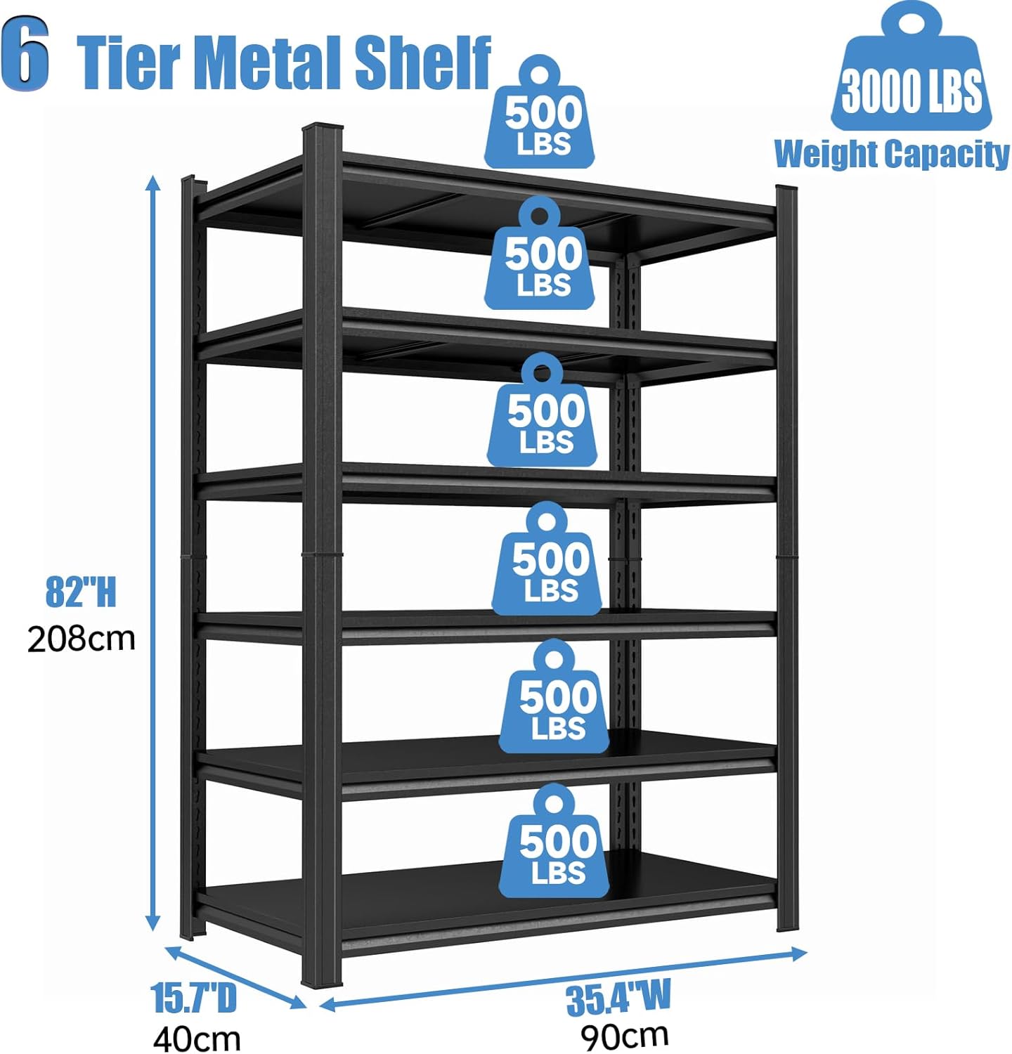Garage Storage Shelves,5 Tier Shelving Unit, 40 inch Wide, 18” Deep, 78” Tall Organizer Metal Shelf for Basement/Laundry/Pantry Heavy Duty, Adjustable,Easy to Install (6Tier-35.4"Wx15.7"Dx82"H)