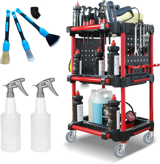 3-Tier Heavy-Duty Detailing Cart with Wheels, Rolling Detail Tool Cart, 200kg/440.92lb Capacity Tool Organizer for Car Wash, Workshop & Garage (Includes Hooks, Spray Bottles & Brushes)