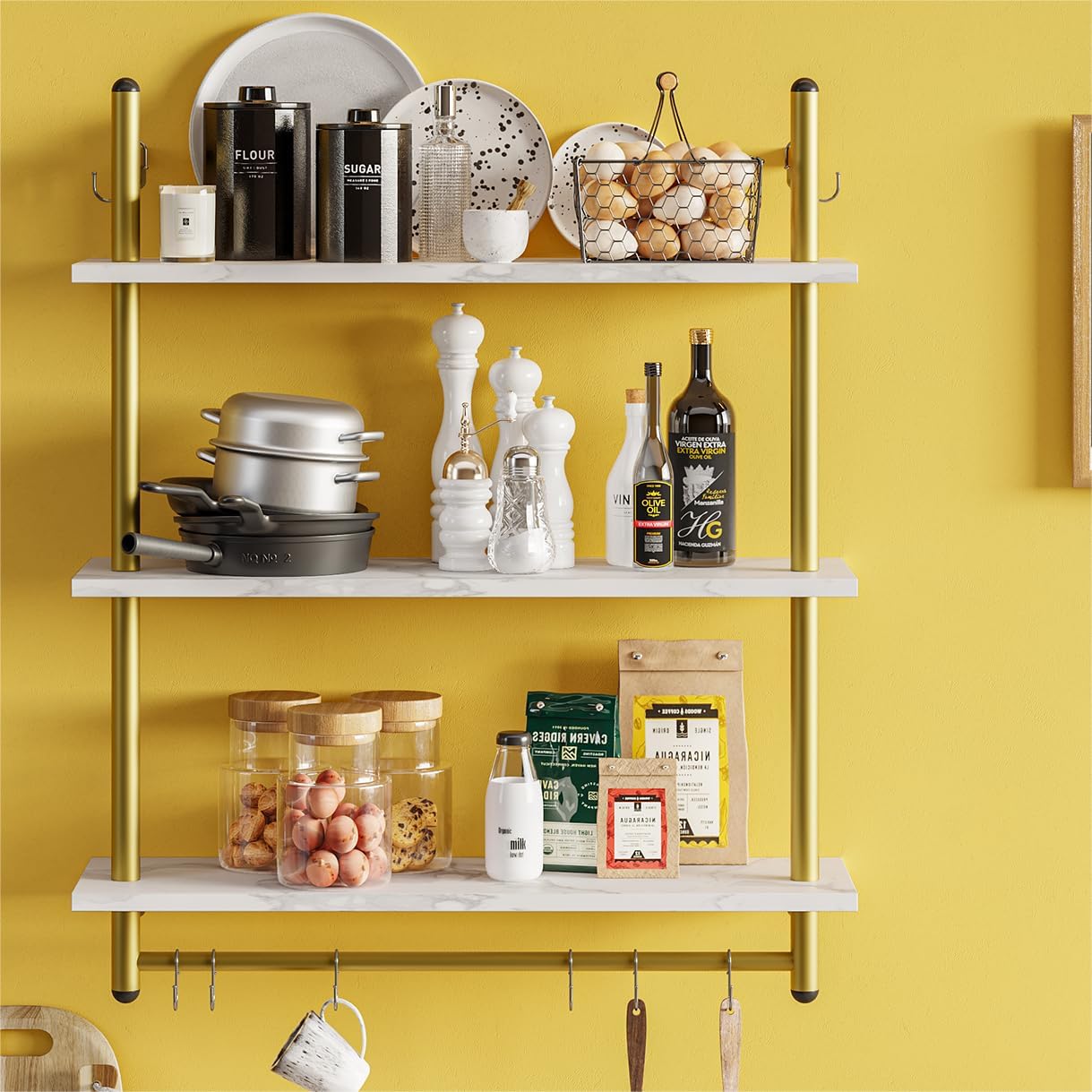 Bestier 31" Industrial Pipe Shelving, Floating Kitchen Wall Shelves 3 Tier Coffee Bar Shelves for Wall with 8 Hooks, Hanging Display Shelf Bookshelf for Living Room Bathroom, White Marble