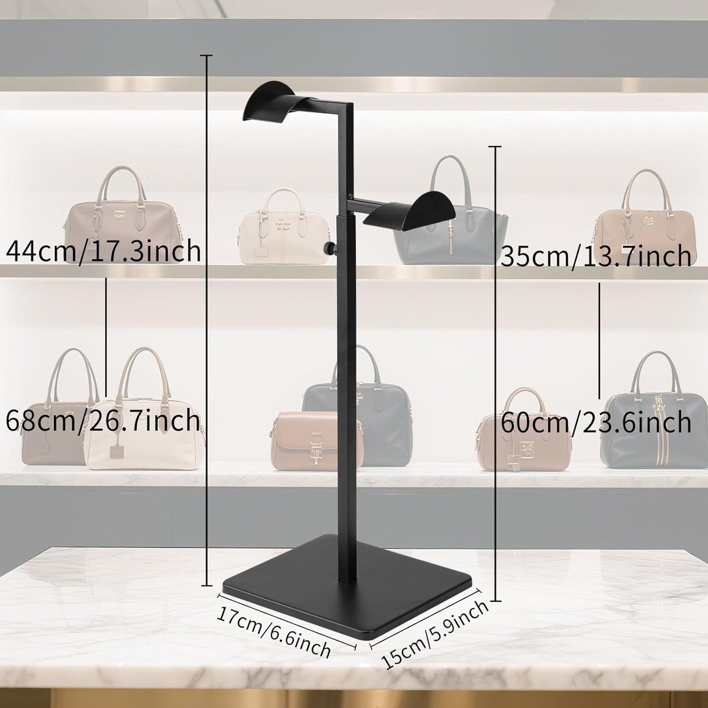 Two Tiers Handbag Display Stands - 2PCS Black Stainless Steels Purse Stand Holder Adjustable Height Display Rack for Retail Luxury Bag Organizer Home Store Boutique Retail Closet