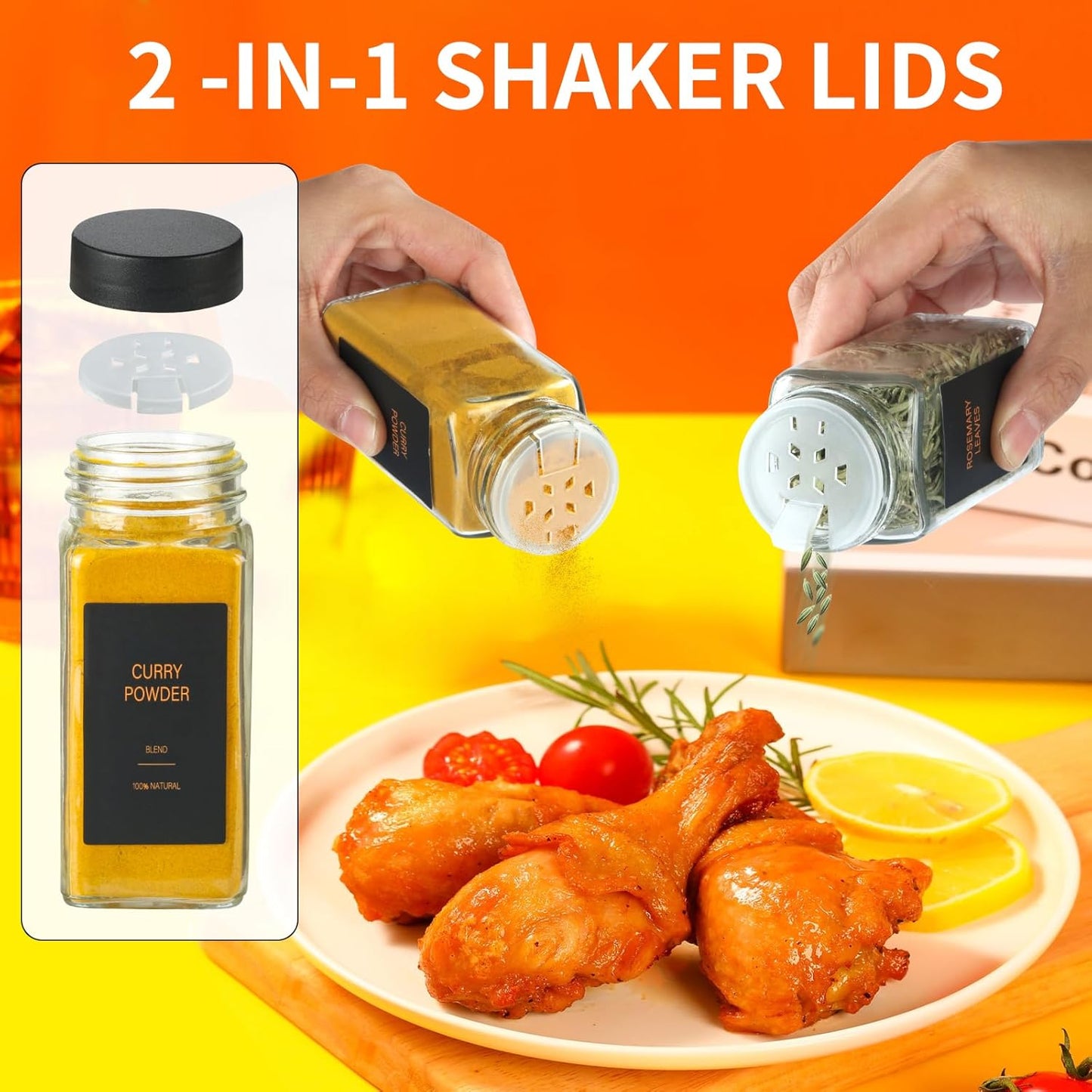 Spice Jars with Label，4oz Glass Spice Bottles With Shaker Lids，Seasoning Containers with Funnel, Chalk Pen for Cabinet，Drawer，Rack (Black, 24)