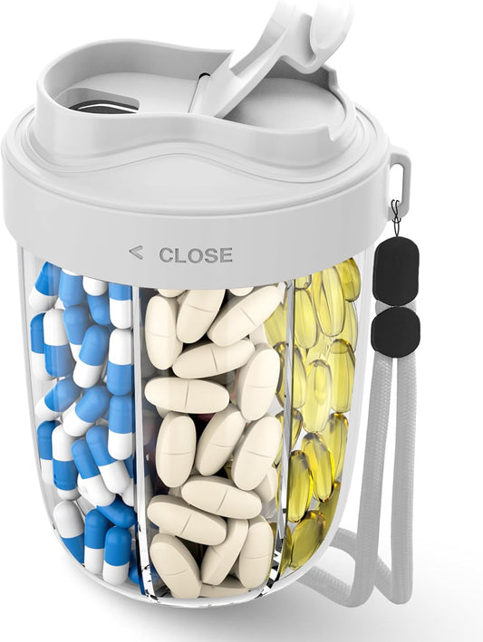 Large Pill Organizer,Supplement Organizer for 7 Different Vitamins,Pill Dispenser with Anti-Mixing Design,Easy to Retrieve Meds,Includes 20 Pcs Labels,Travel Pill Organizer(Gray)