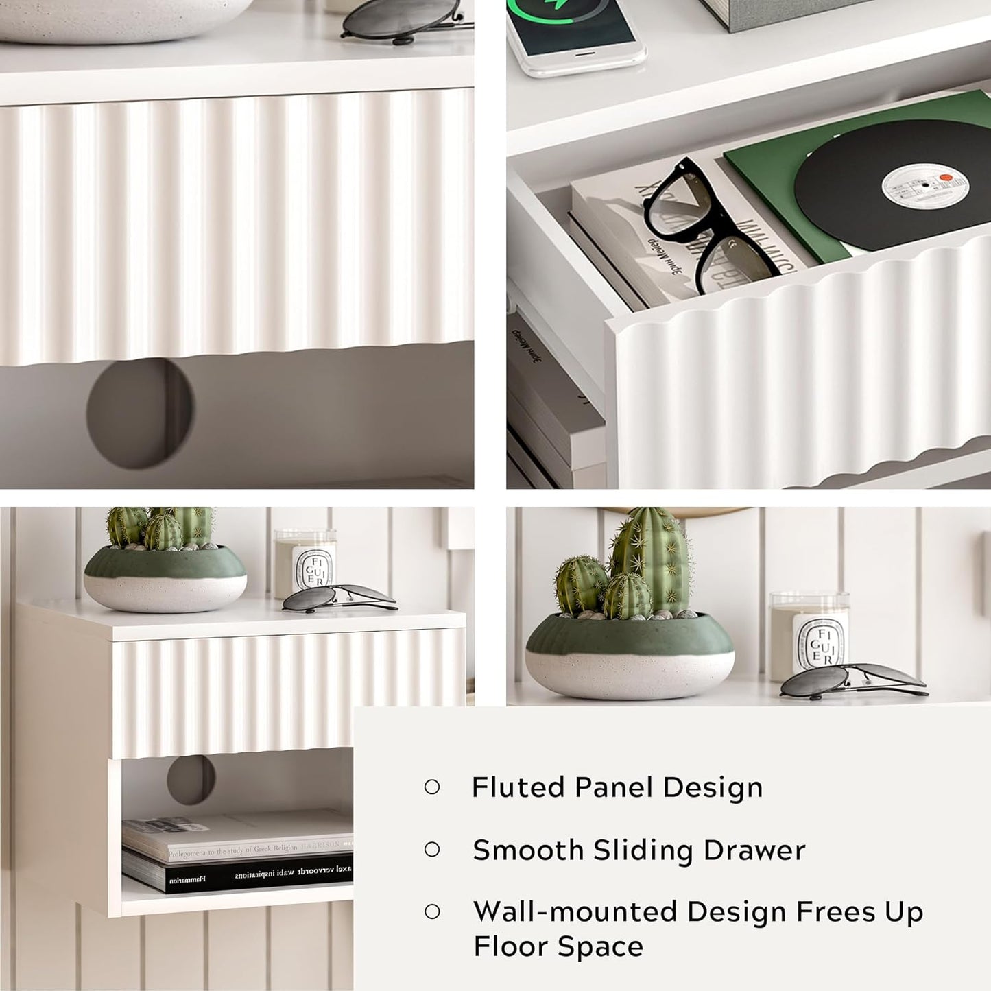 Floating TV Stands Set of 4 with Drawer and Open Shelf, Small Wall Mounted Bedside End Table, Modern Fluted Night Stand for Bedroom, Living Room, White