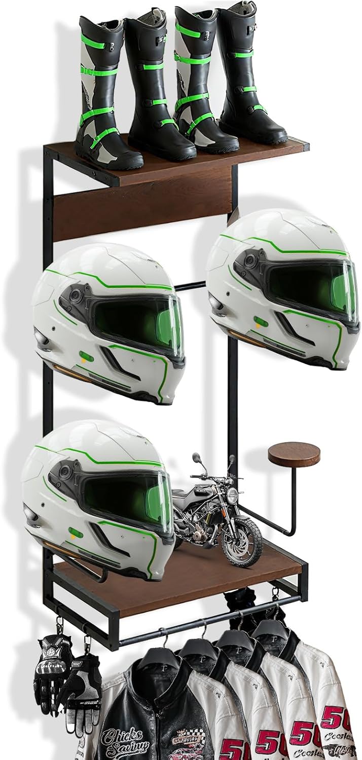 EleganceX Motorcycle Helmet Storage - Helmet Rack Wall Mount with 2 Tiers Storage Boards, 4 Hat Stands, 4 Glove Clips,5 Key Hooks Motorcycle Helmet Holder for Gear Accessories, Clothes, Gloves