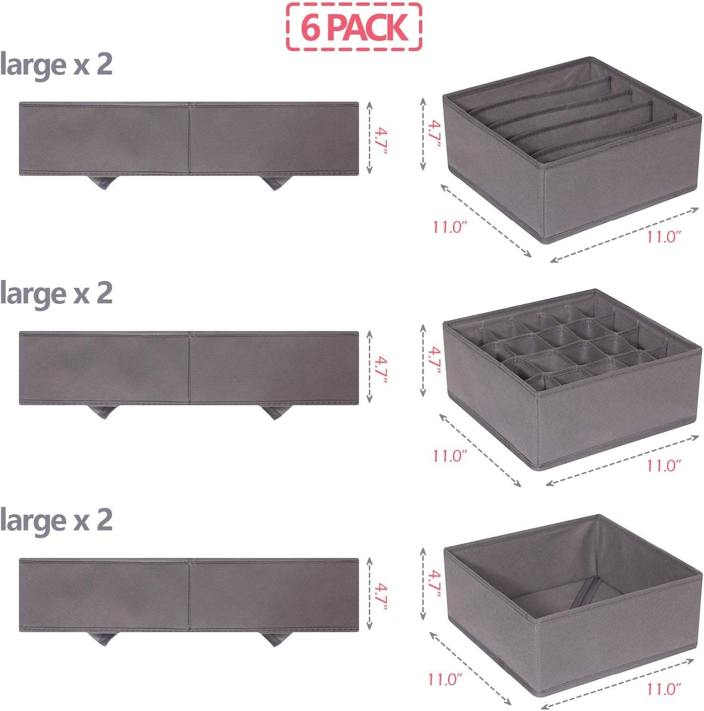 DIOMMELL 6 Pack Foldable Cloth Storage Box Closet Dresser Drawer Organizer Fabric Baskets Bins Containers Divider for Clothes Underwear Bras Socks Lingerie Clothing, M Grey 22-2000