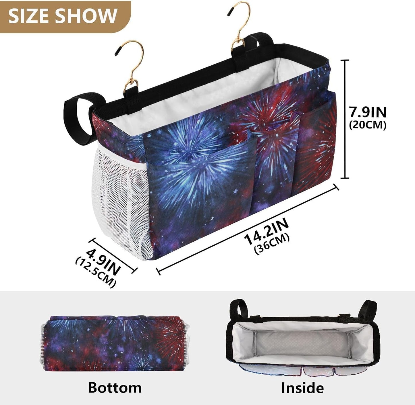 American Tie Dye Stars and Fireworks Bedside Caddy for Dorm Bed Bedside Hanging Caddy Bag Iron Frame Storage Organizer Pocket for Bunk Home College Hospital Beds 2 Hooks