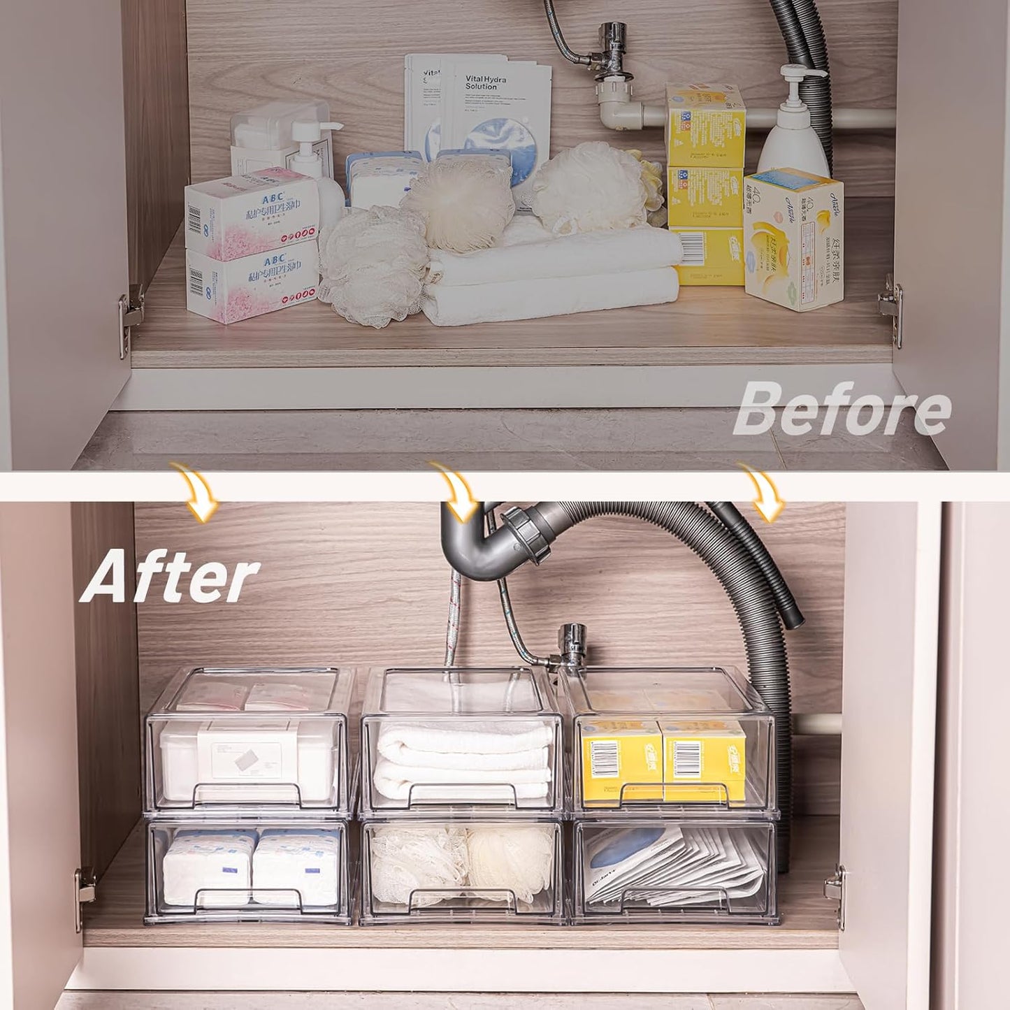 2 Pack Stackable Pull-Out Storage Drawers，Plastic Clear Organizer Bins with Handles，Easily Clean for Undersink，Cabinet，Fridge，Closet，Pantry，Office，Bathroom