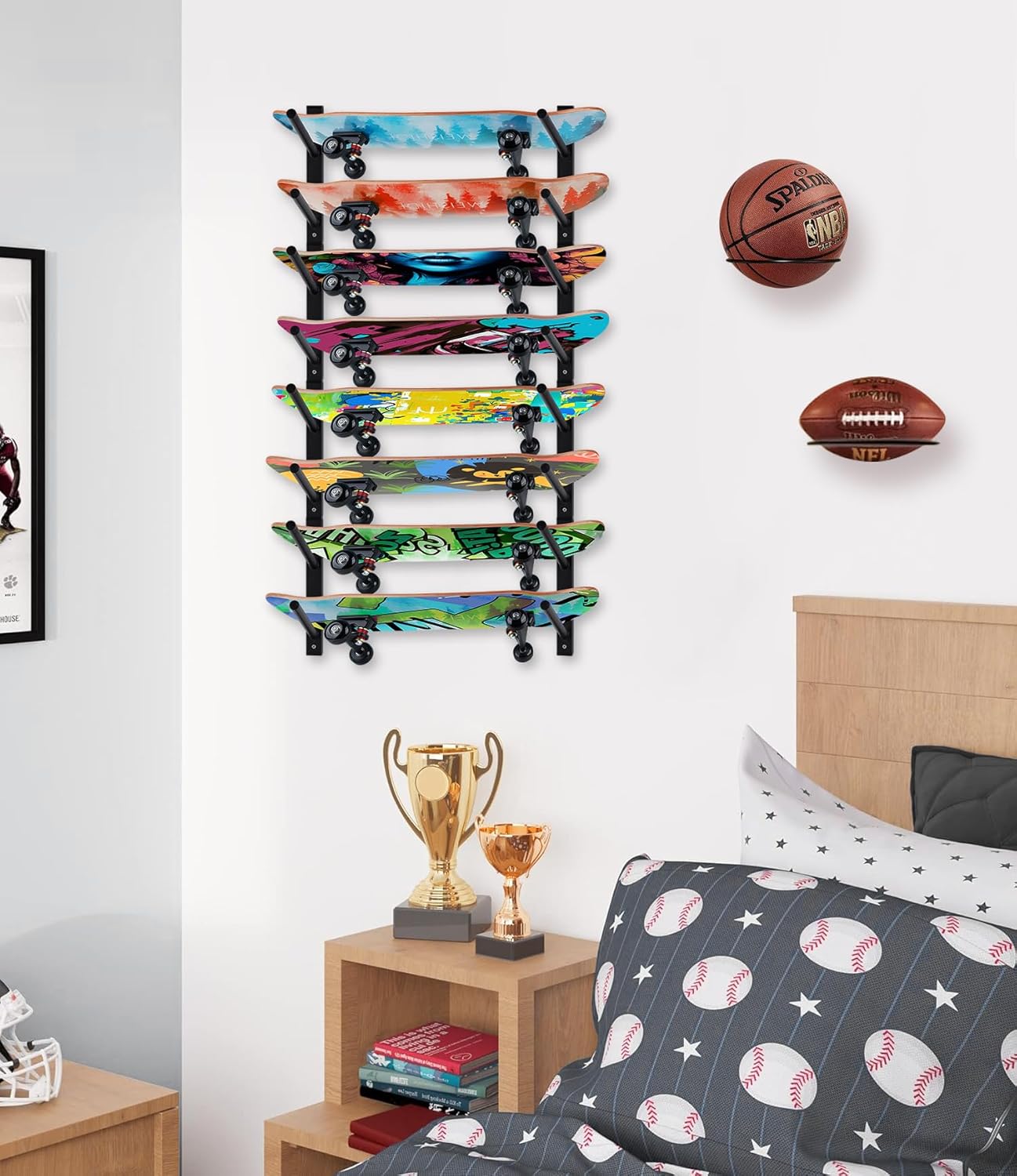 BiJun Skateboard Wall Mount, Snowboard Wall Mount Display, Horizontal Ski Wall Rack, Skateboard Rack Storage Holder Longboard Hanger