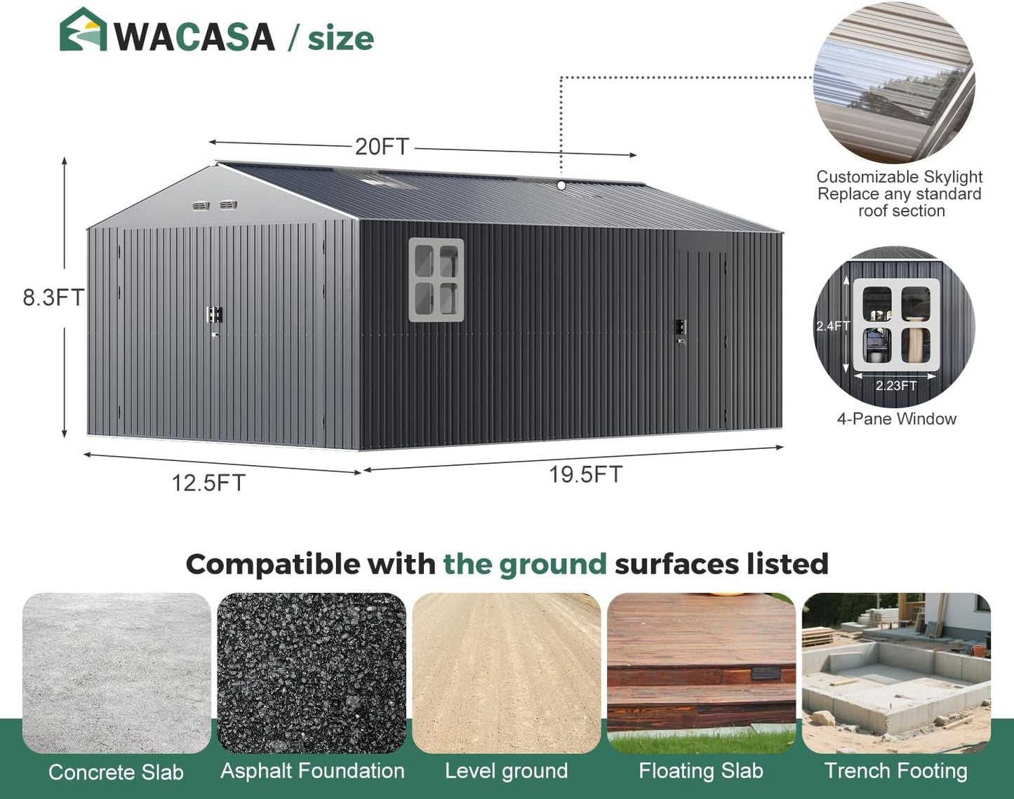 Metal Garage Shed, 13x20x8.5' Large Outdoor Storage Building and Workshop, Weatherproof Steel Carport with Ultra-Reinforced Truss System, Skylights Dual-Entry