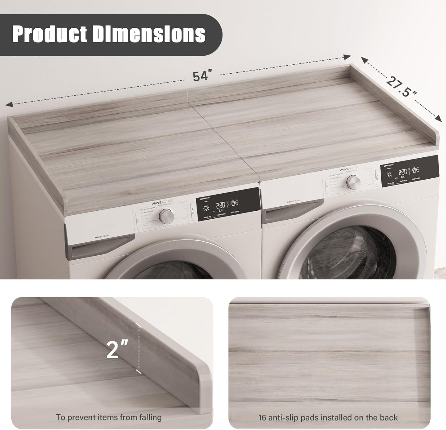 Washer Dryer Countertop, Foldable Laundry Countertop with Edge Rails - 27.5" x 54" Melamine Finish for Laundry Room Organization (Oak)