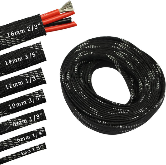 30ft PET Expandable Sleeving Wire Cable Sleeve (1/3", Silver&Black)