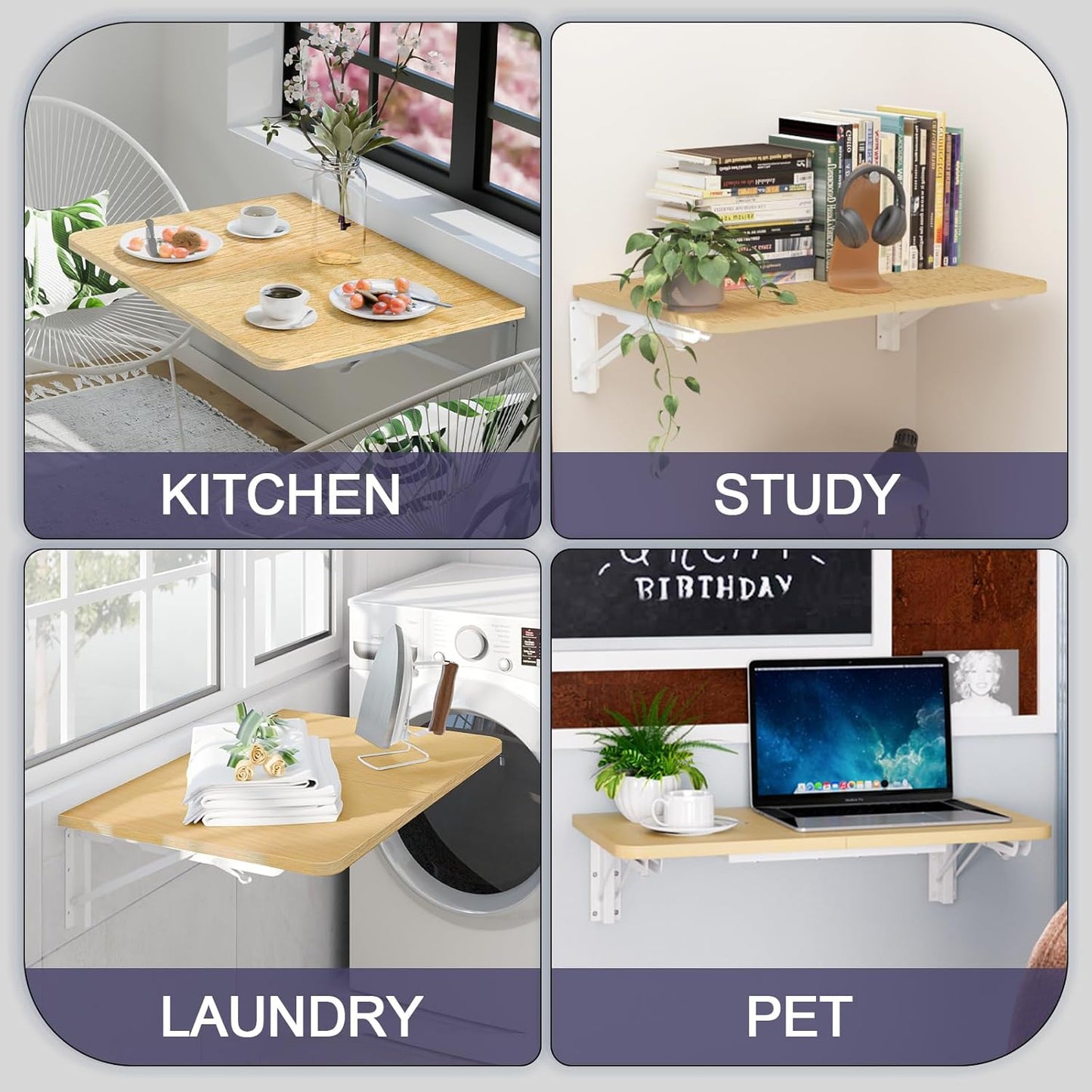 TEAMIX Wall Mounted Folding Table, Floating Desk for Small Spaces Laundry Shelf with Heavy Duty Brackets Floating Desk for Garage, Utility Room, Kitchen, Laundry Room