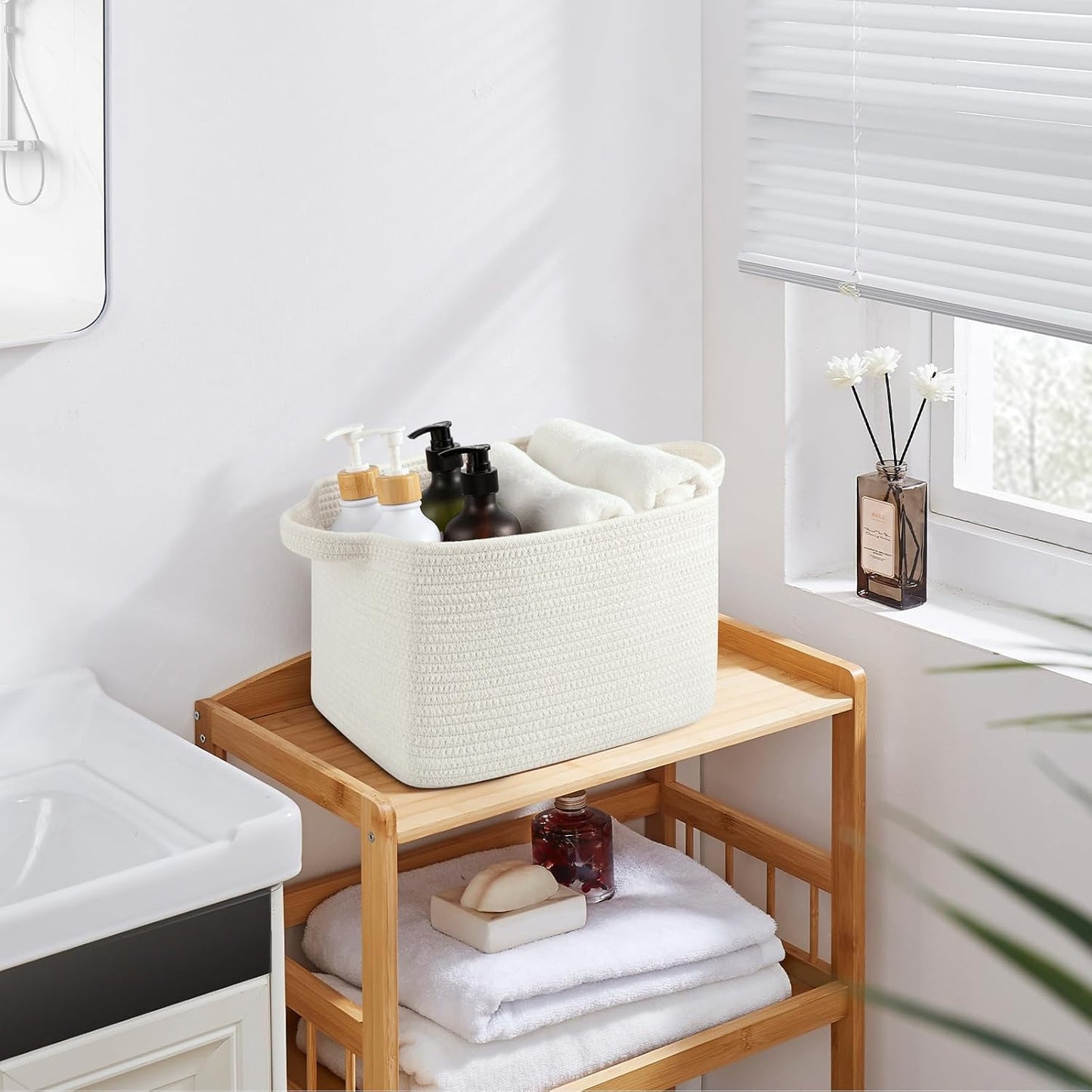 Storage Baskets for Organizing, Woven Baskets for Shelves, Rectangle Decorative Organizer for Storage Clothes, Toy, Books, Towels Nursery Bins 3 Pack (White, 13"x9.85"x8.7")
