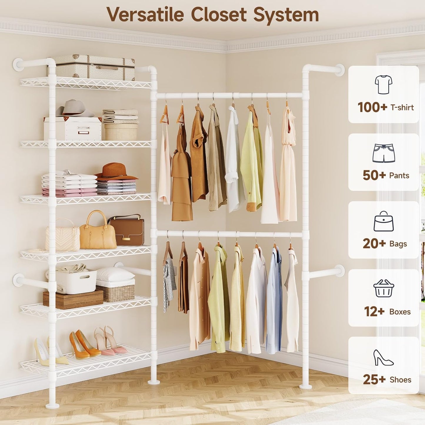 L2 Wall Mounted Closet System, Industrial Pipe Clothing Rack Clothes Racks with 2 Telescopic Rod & 6 Shelves, Heavy Duty Closet Organizers System in Wardrobe Closet, White