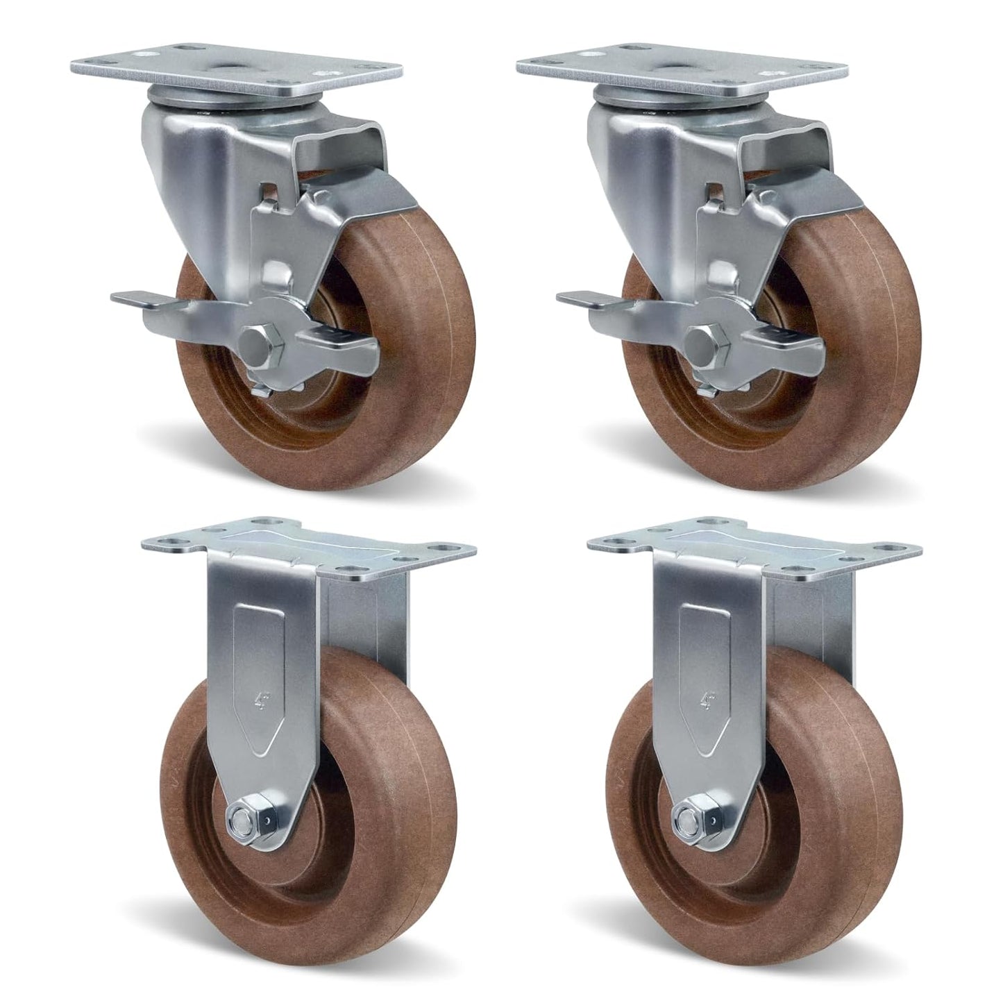 4" Hi-Temp Glass FiIled Nylon Casters, Heavy Duty Casters Set of 4, Industrial Caster Wheels for Commercial Kitchen, Bakery - 2400 lbs Capacity(2 Brake & 2 Rigid)