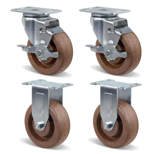 4" Hi-Temp Glass FiIled Nylon Casters, Heavy Duty Casters Set of 4, Industrial Caster Wheels for Commercial Kitchen, Bakery - 2400 lbs Capacity(2 Brake & 2 Rigid)