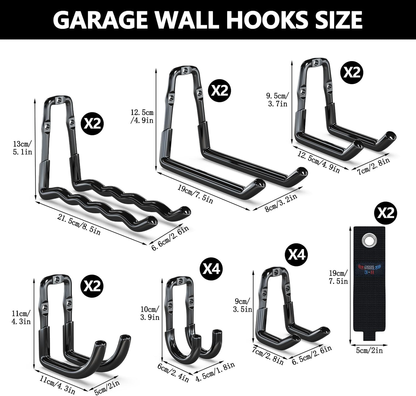 3-H Garage Wall Hooks 18 Pack, One-Piece Construction Garage Hooks Heavy Duty, Garage Accessories & Organizer Wall Mount for Ladders, Weedeaters, Garden Tools (Black)