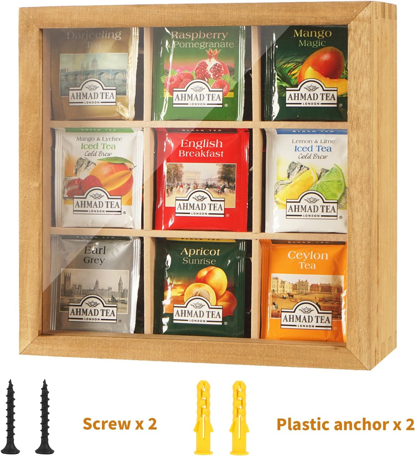 Wood Tea Bag Organizer, 9 Compartment Multi-Functional Tea Box and Storage Organizer for Tea Bags with Clear Acrylic Window