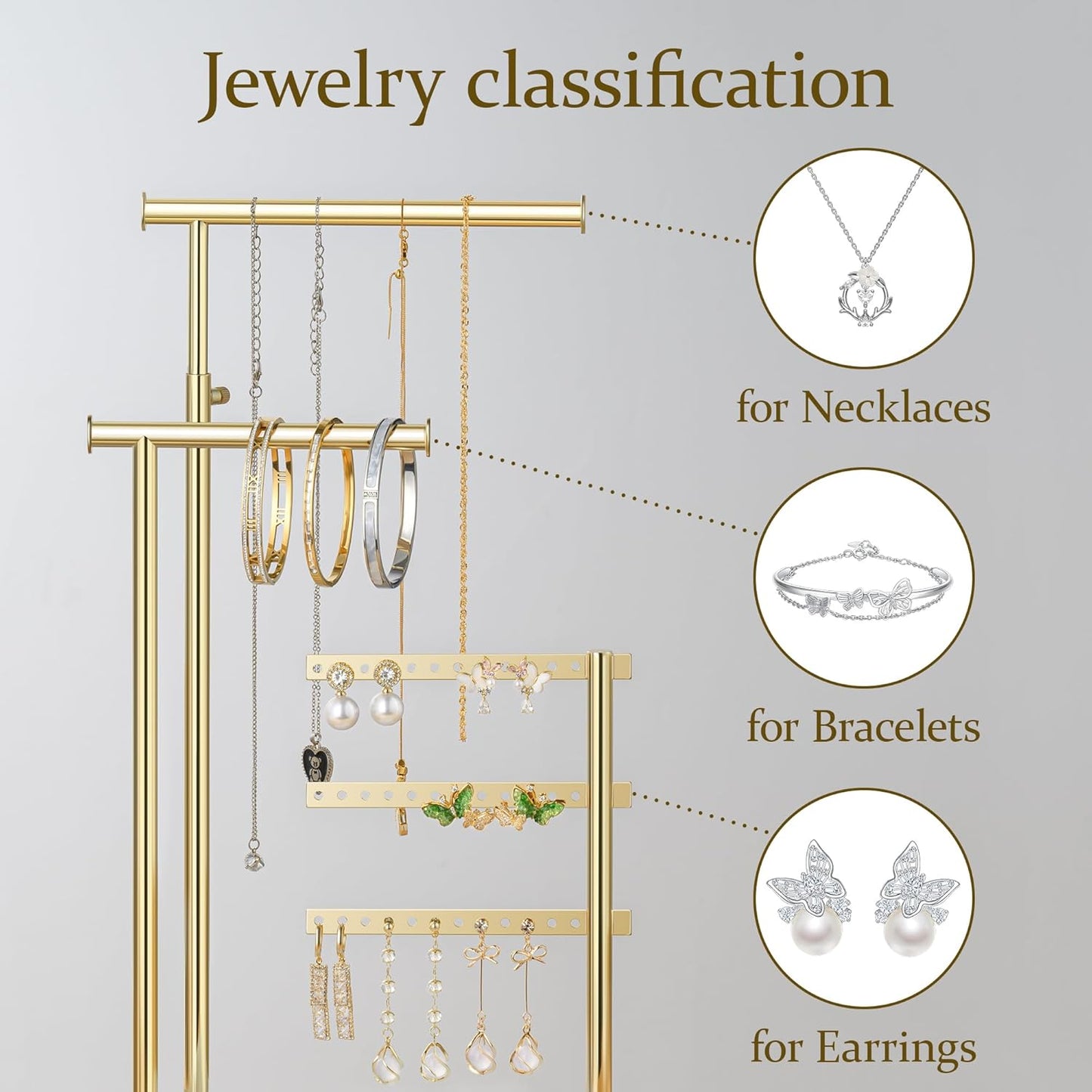 Jewelry Holder Organizer Stand - Adjustable Tall 17.5" (Max), Gift for Women, Mirrored Gold Jewelry Hanger for Necklaces, Earrings, Bracelets, Rings
